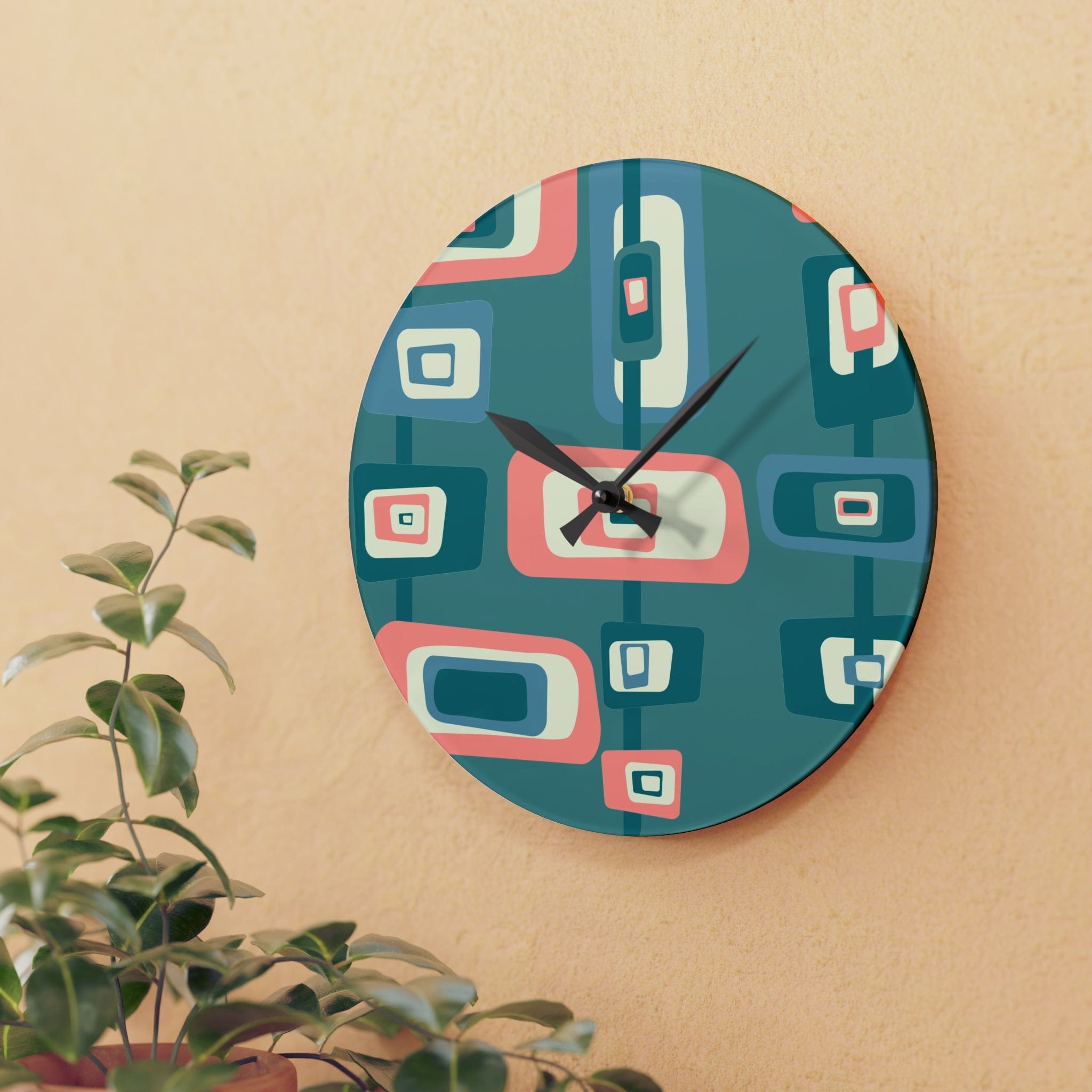 Mid Century Modern Teal, Pink, Beige Retro Geometric MCM Acrylic Wall Clock Home Decor