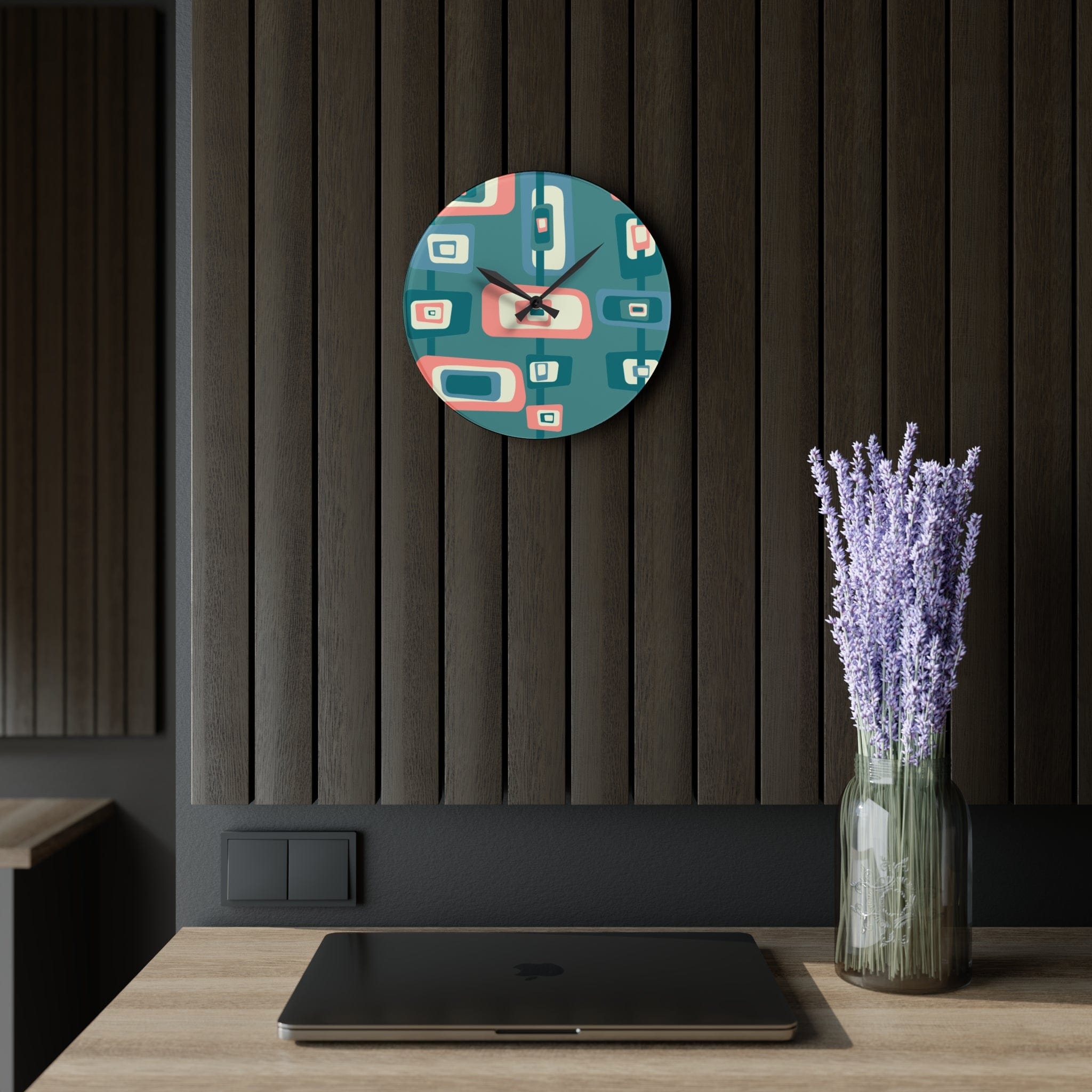 Mid Century Modern Teal, Pink, Beige Retro Geometric MCM Acrylic Wall Clock Home Decor