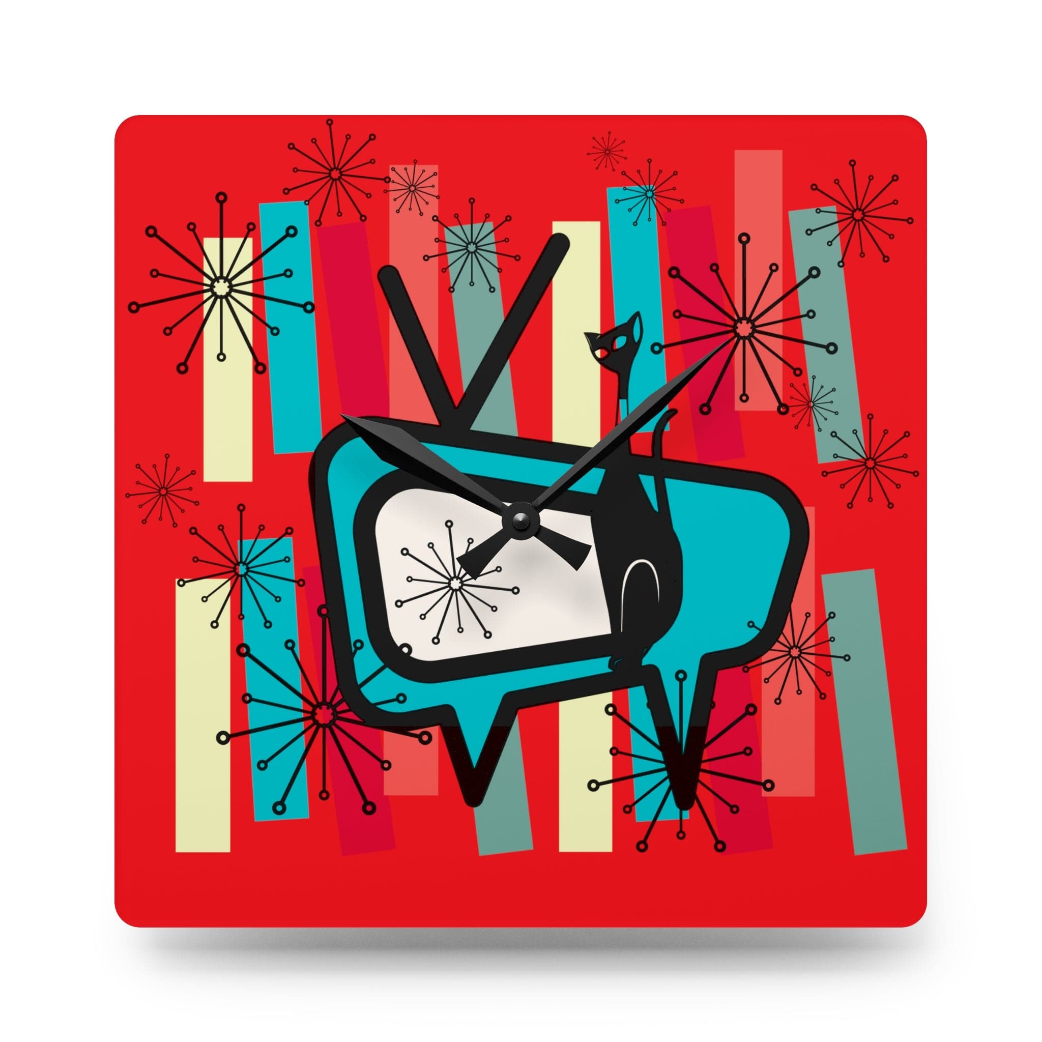 Mid Century Modern TV, Atomic Cat, Kitschy Retro MCM Acrylic Wall Clock Home Decor