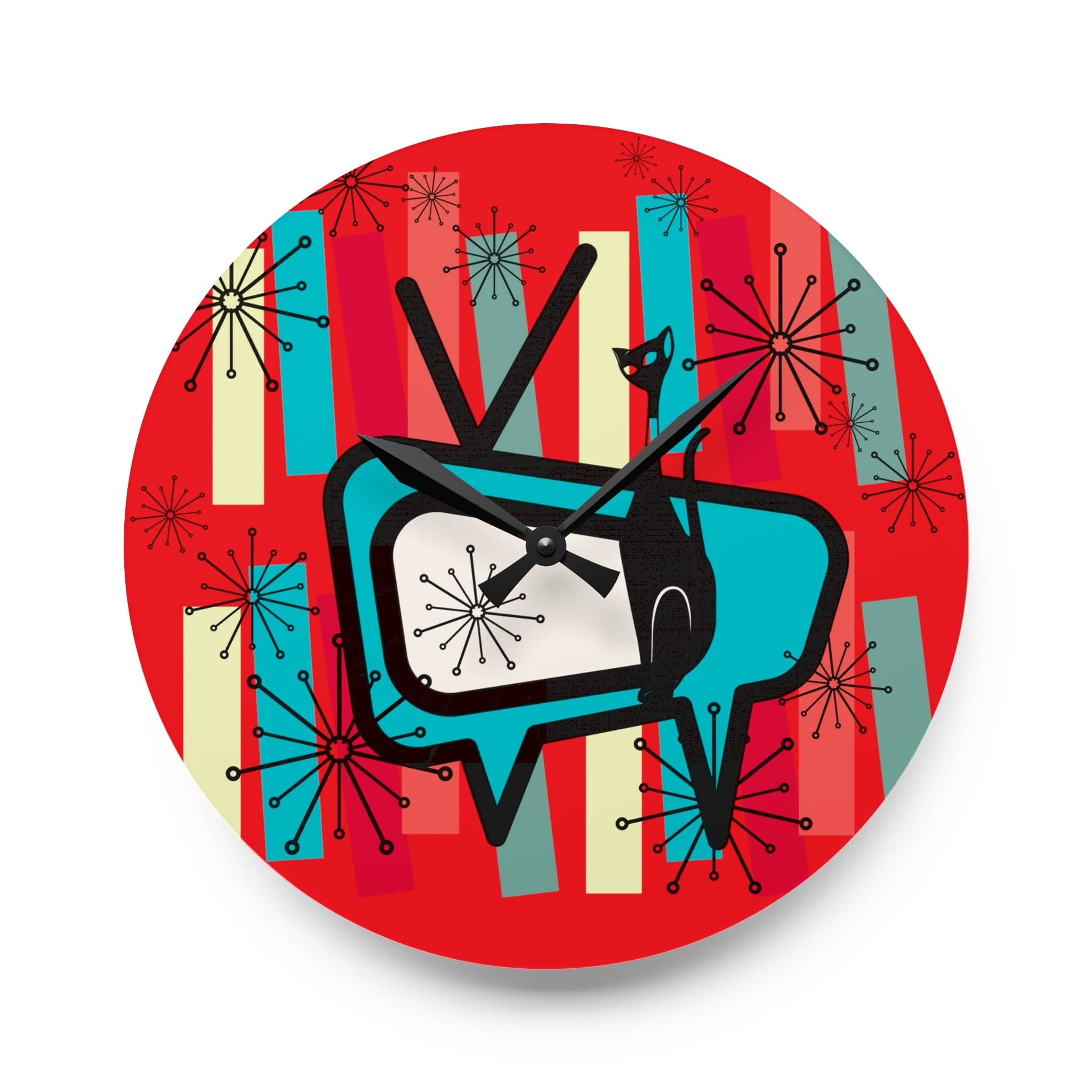Mid Century Modern TV, Atomic Cat, Kitschy Retro MCM Acrylic Wall Clock Home Decor