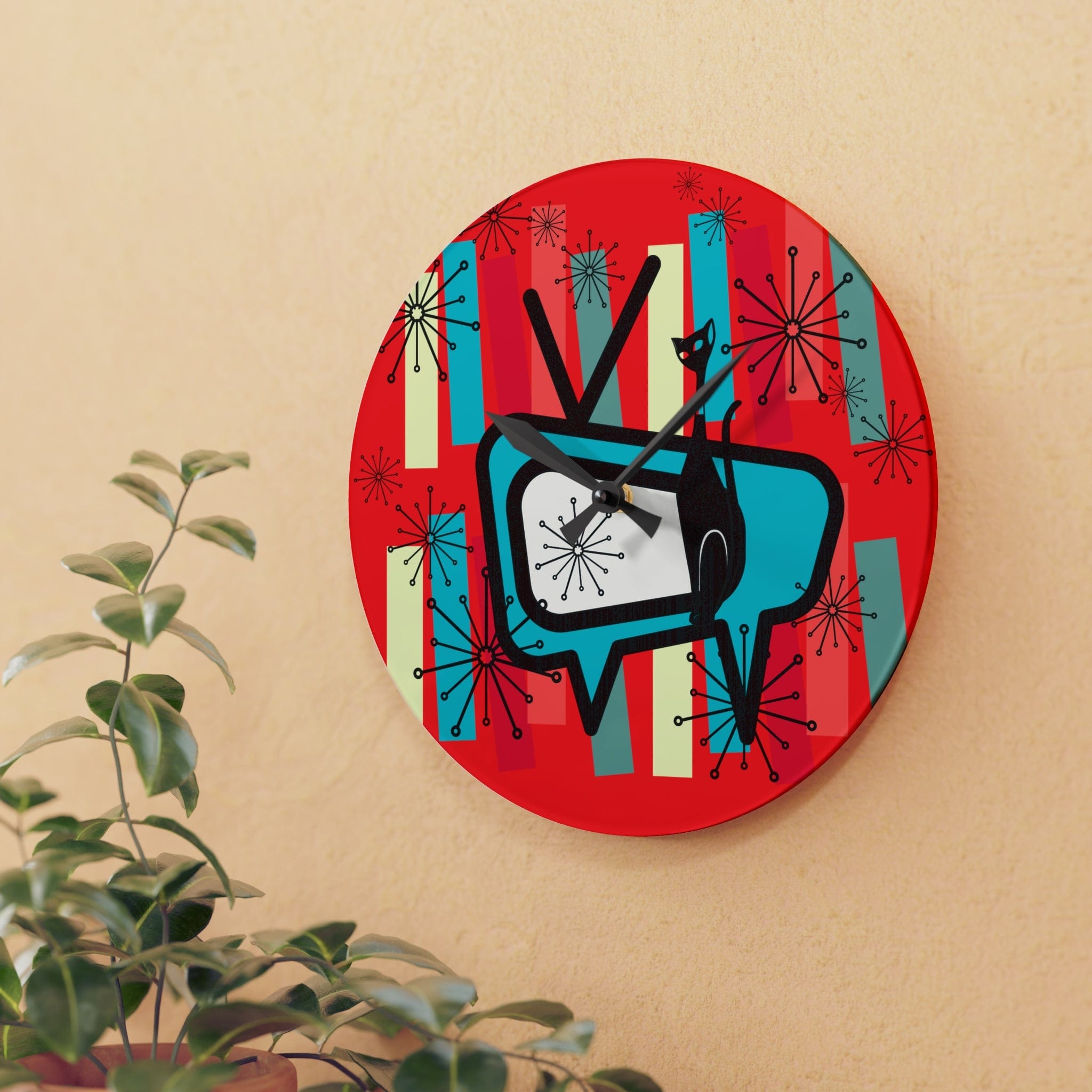 Mid Century Modern TV, Atomic Cat, Kitschy Retro MCM Acrylic Wall Clock Home Decor