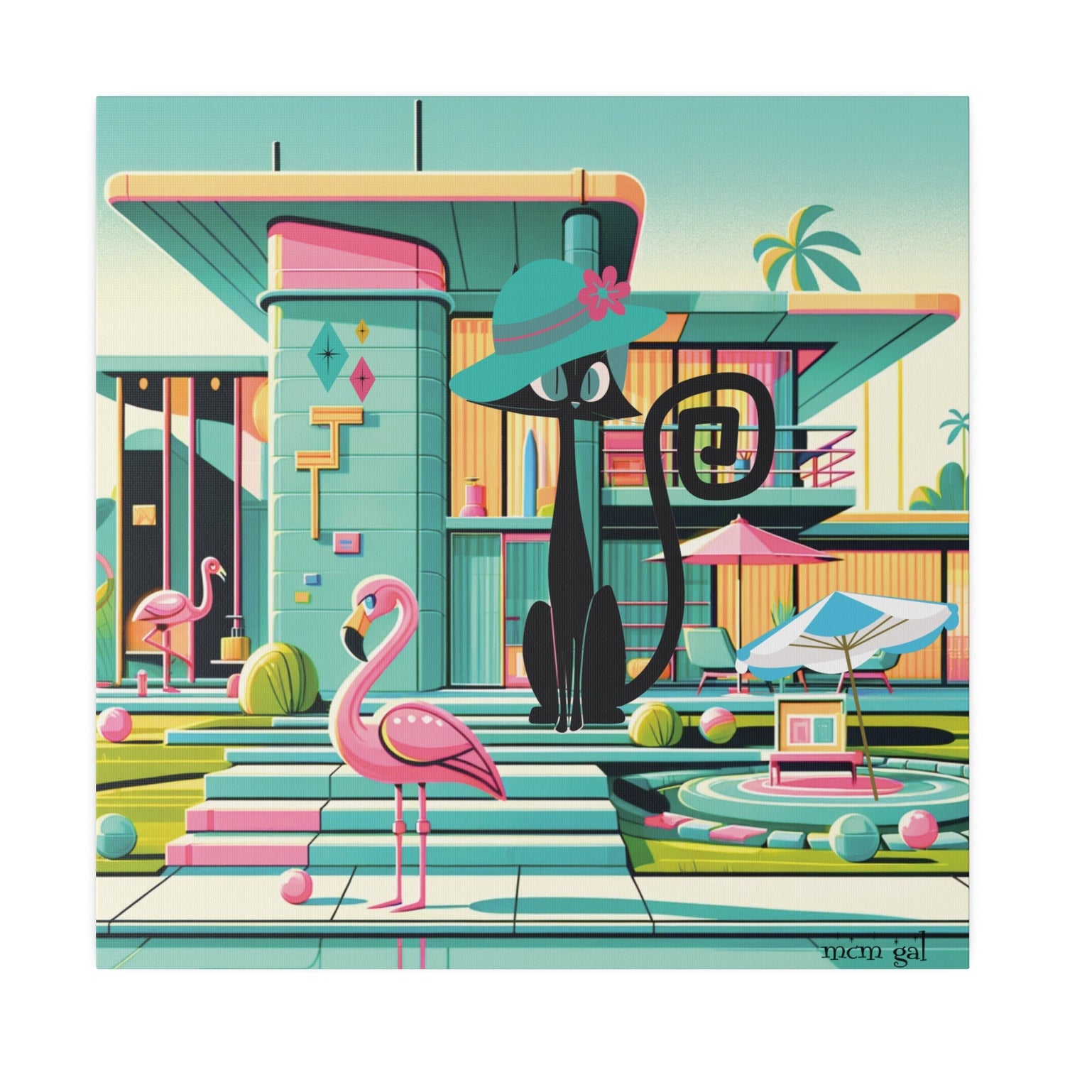 Mid Century Modern Wall Art, Atomic Kitty Cat, 50s Flamingo, Palm Springs Cali, Retro Pink, Aqua, Kitschy Canvas Art Canvas