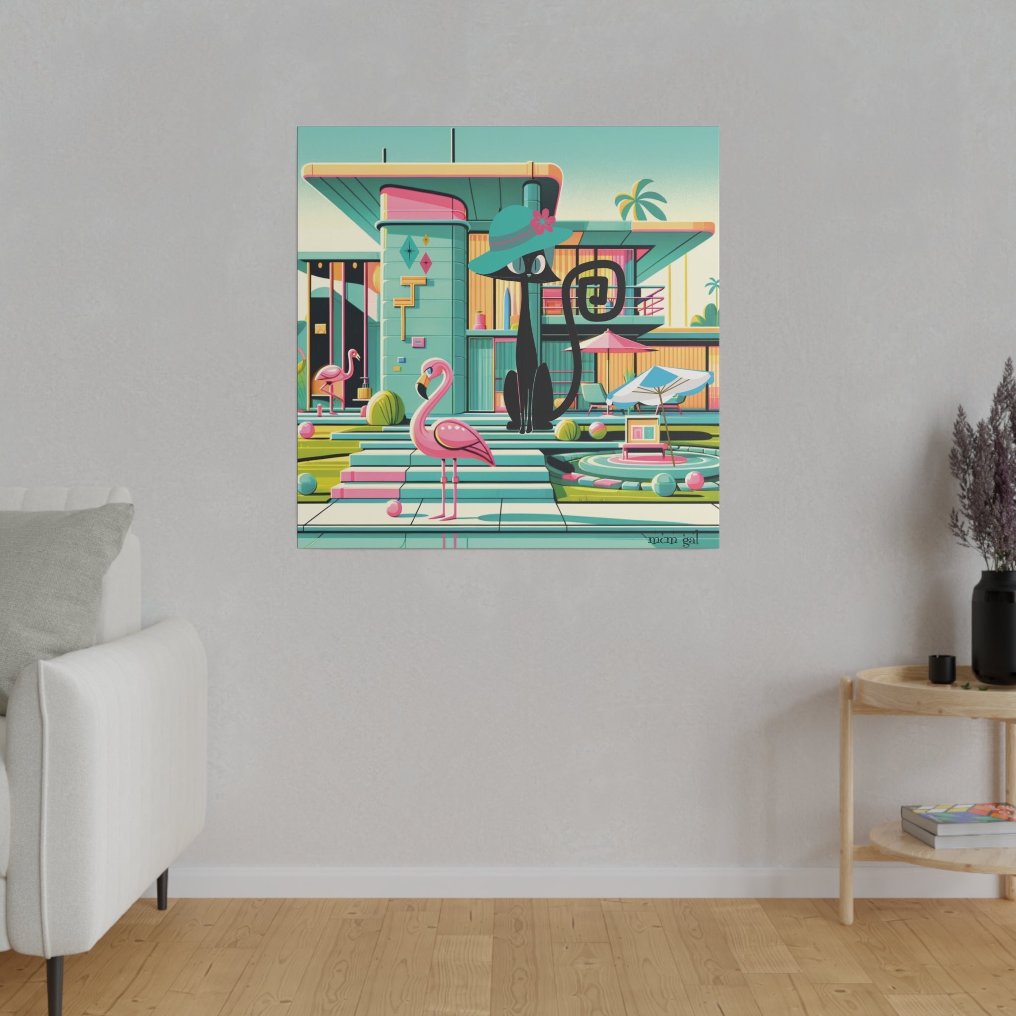 Mid Century Modern Wall Art, Atomic Kitty Cat, 50s Flamingo, Palm Springs Cali, Retro Pink, Aqua, Kitschy Canvas Art Canvas