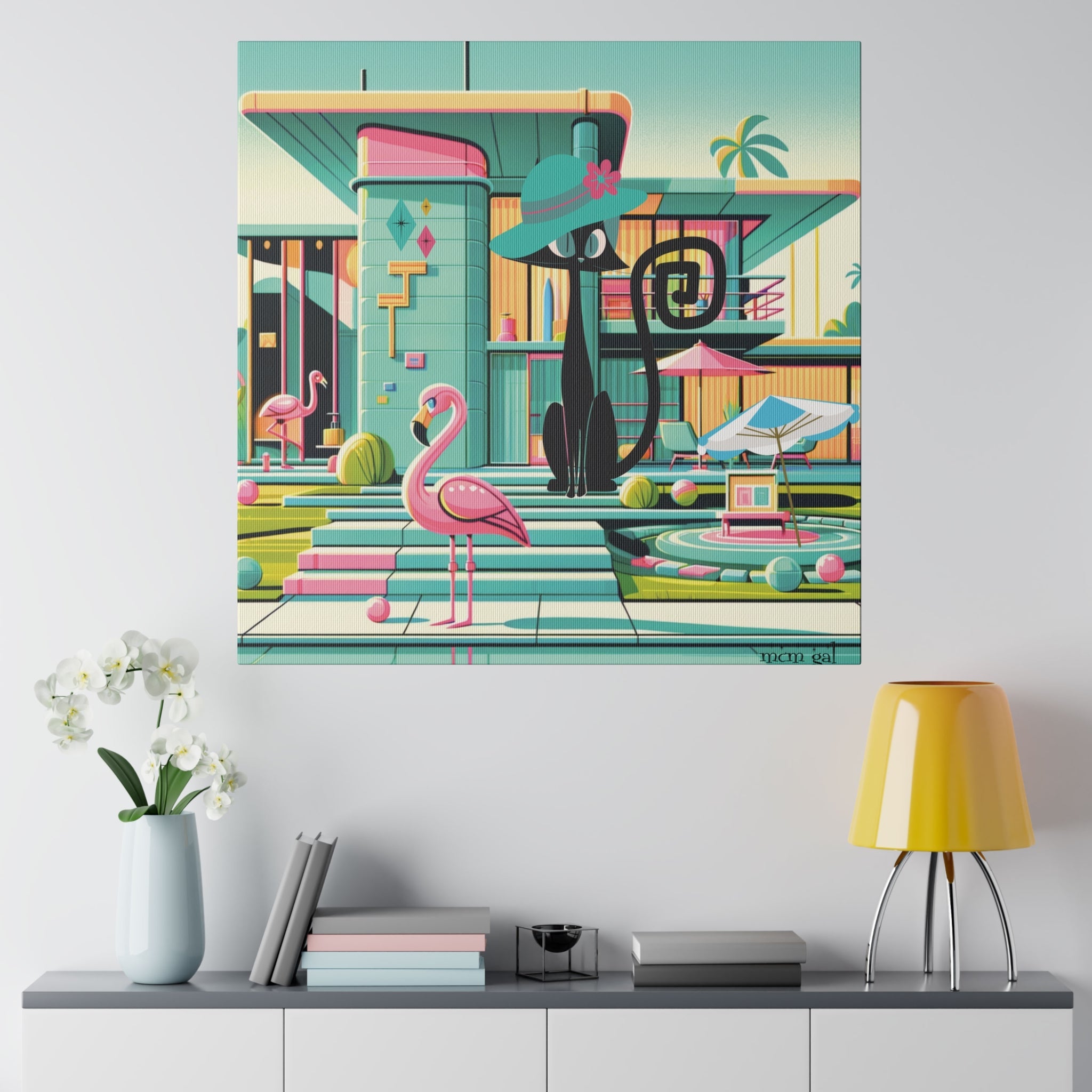 Mid Century Modern Wall Art, Atomic Kitty Cat, 50s Flamingo, Palm Springs Cali, Retro Pink, Aqua, Kitschy Canvas Art Canvas