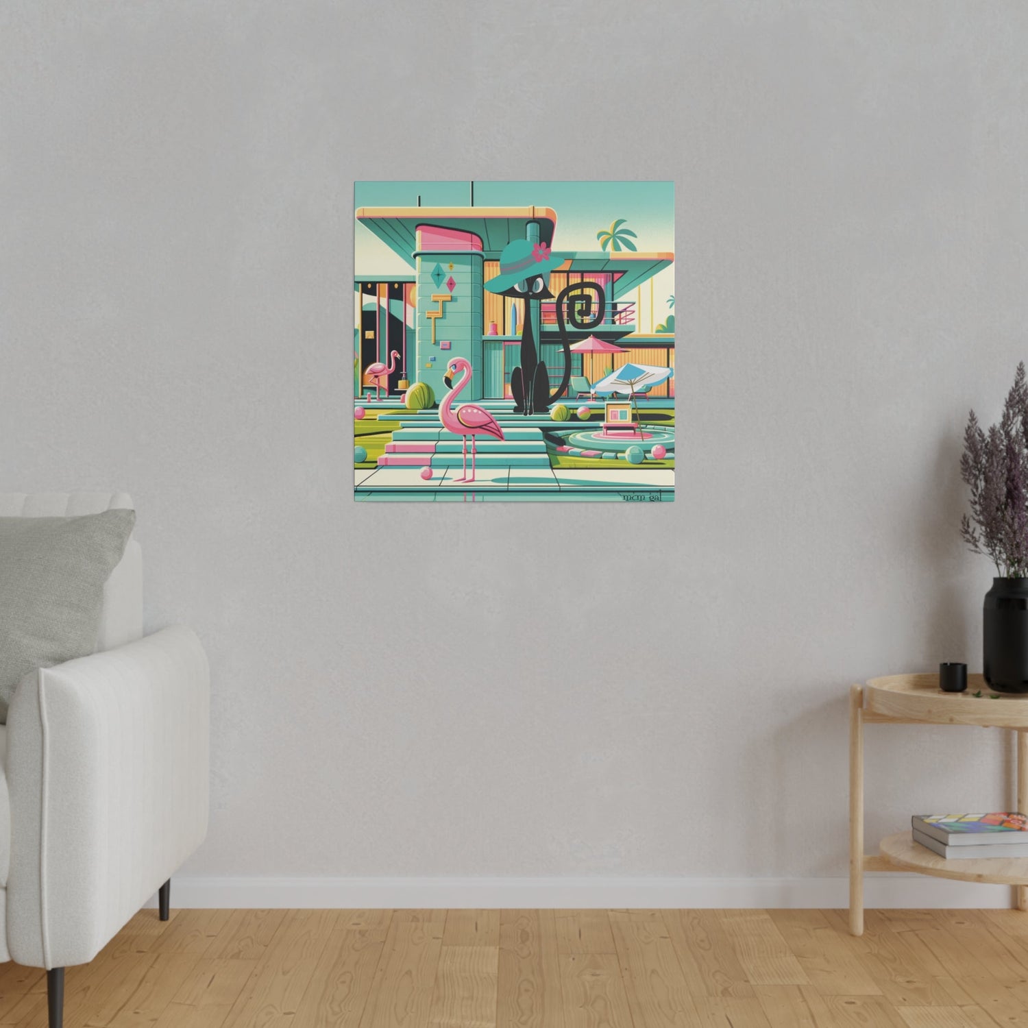 Mid Century Modern Wall Art, Atomic Kitty Cat, 50s Flamingo, Palm Springs Cali, Retro Pink, Aqua, Kitschy Canvas Art Canvas