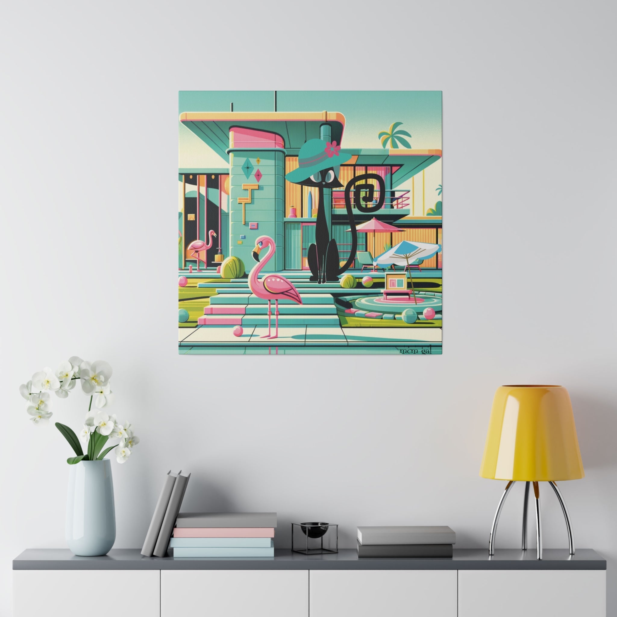 Mid Century Modern Wall Art, Atomic Kitty Cat, 50s Flamingo, Palm Springs Cali, Retro Pink, Aqua, Kitschy Canvas Art Canvas