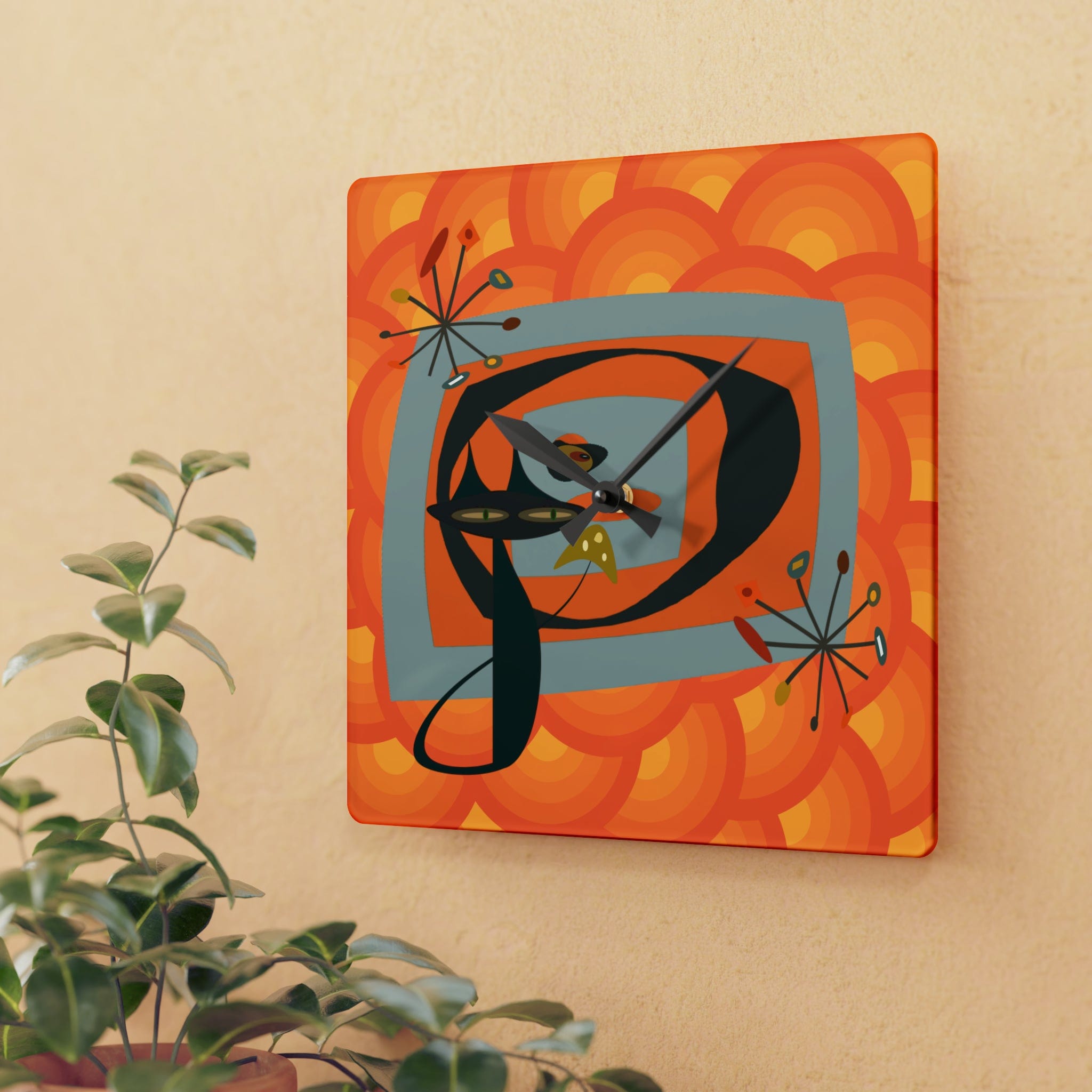 Mid Century Modern Wall Clock, Atomic Kitschy Cat, Orange Groovy Retro Acrylic Wall Clock Home Decor