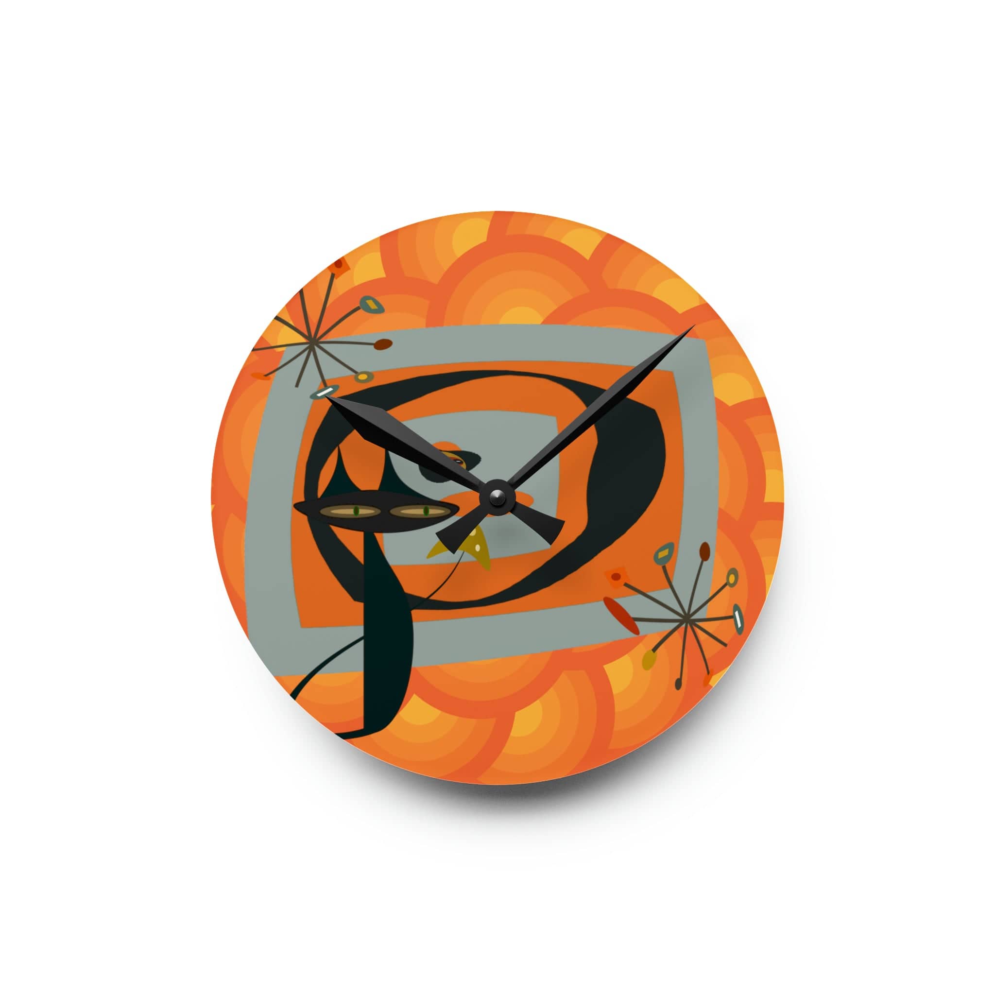 Mid Century Modern Wall Clock, Atomic Kitschy Cat, Orange Groovy Retro Acrylic Wall Clock Home Decor