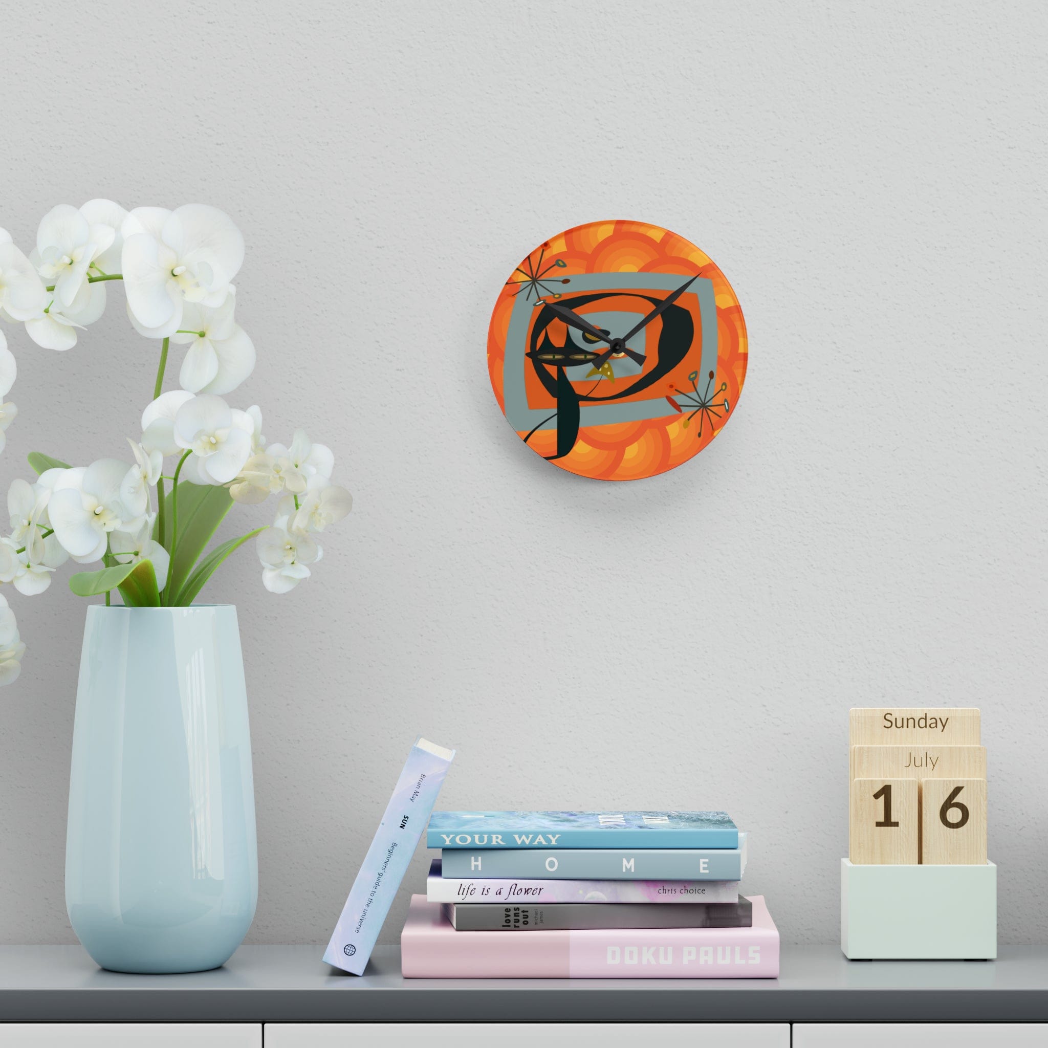 Mid Century Modern Wall Clock, Atomic Kitschy Cat, Orange Groovy Retro Acrylic Wall Clock Home Decor