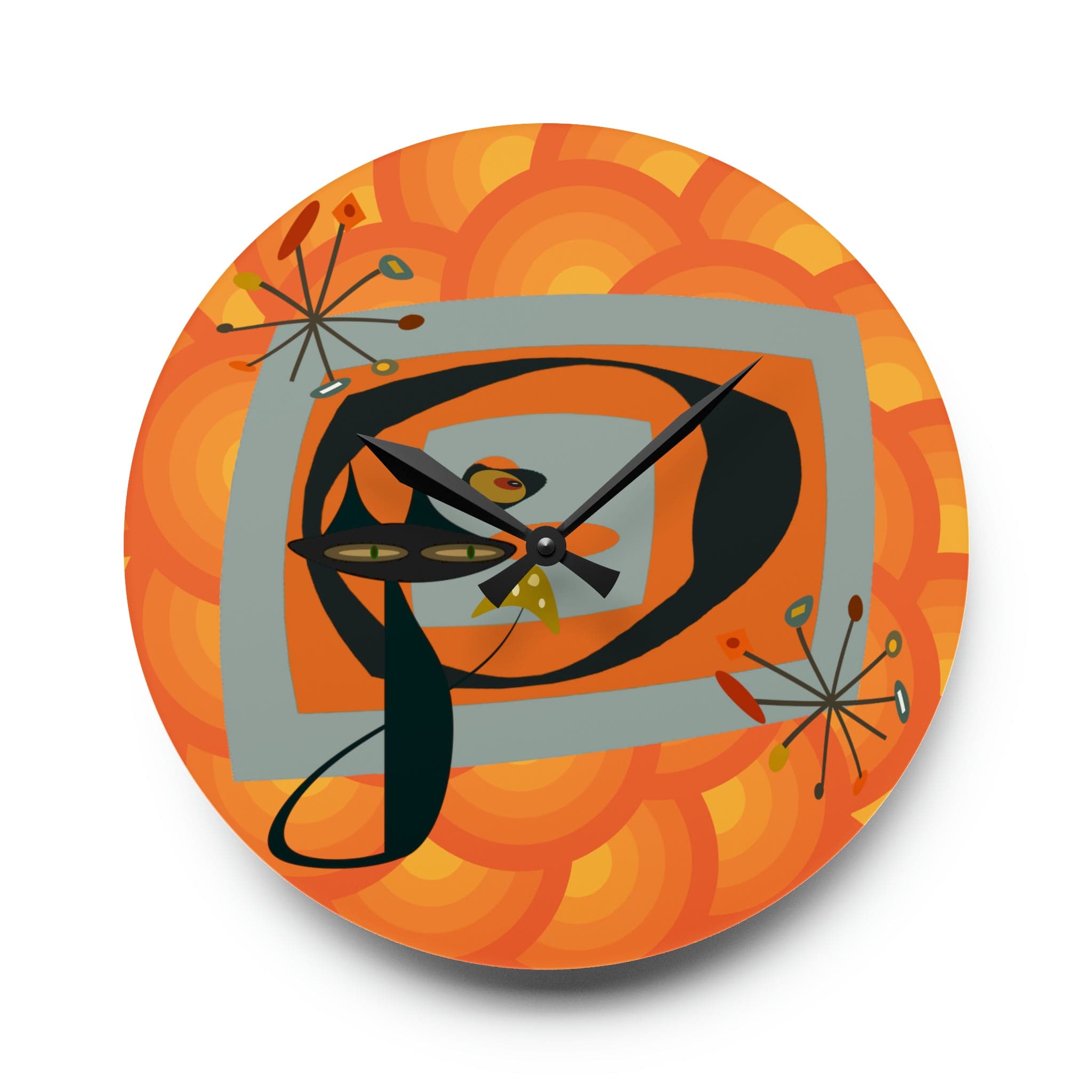 Mid Century Modern Wall Clock, Atomic Kitschy Cat, Orange Groovy Retro Acrylic Wall Clock Home Decor