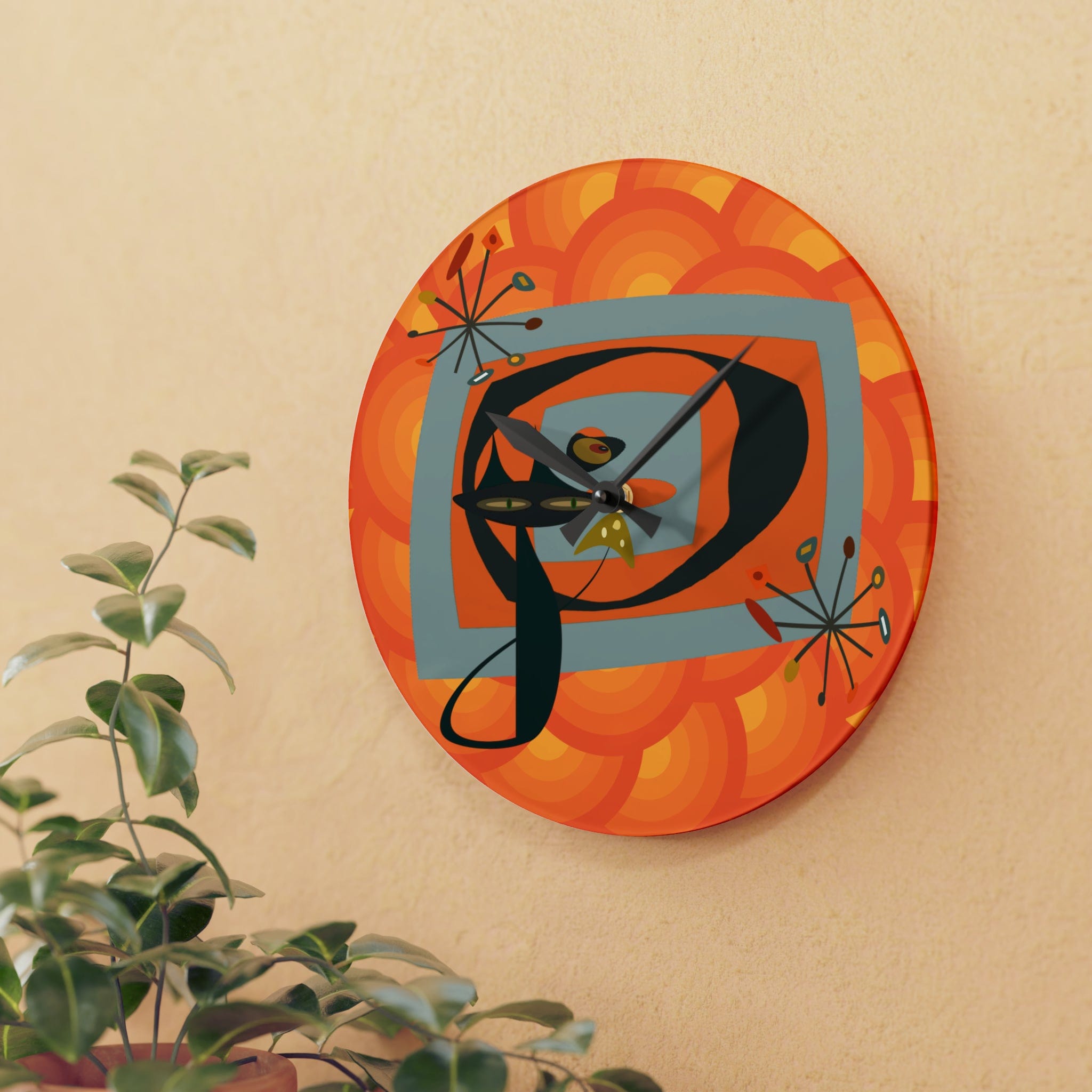 Mid Century Modern Wall Clock, Atomic Kitschy Cat, Orange Groovy Retro Acrylic Wall Clock Home Decor