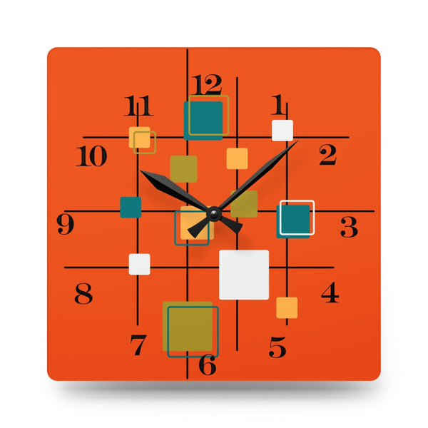 Mid Century Modern Wall Clock, Orange, Retro Geometric Acrylic Wall Clock