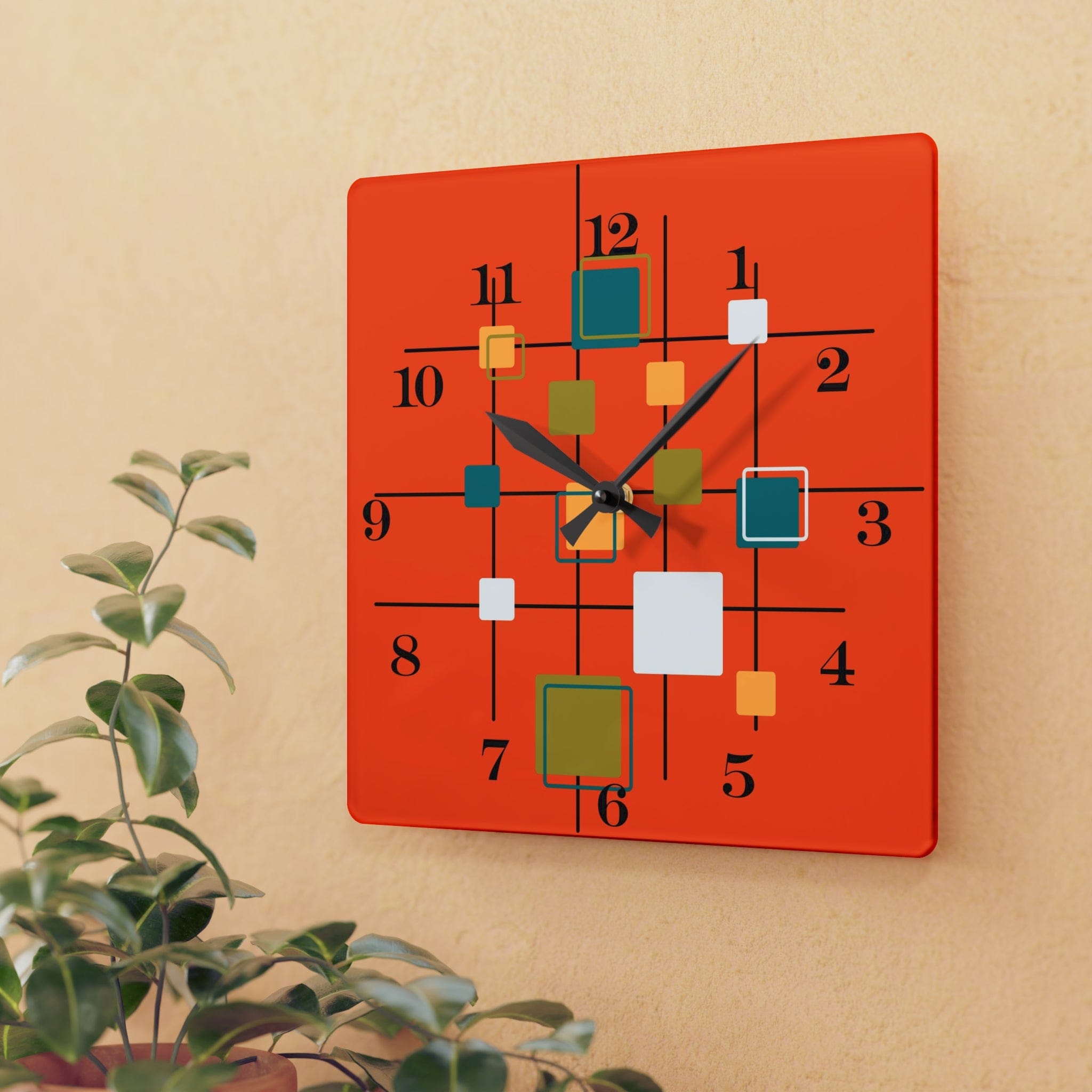 Mid Century Modern Wall Clock, Orange, Retro Geometric Acrylic Wall Clock Home Decor