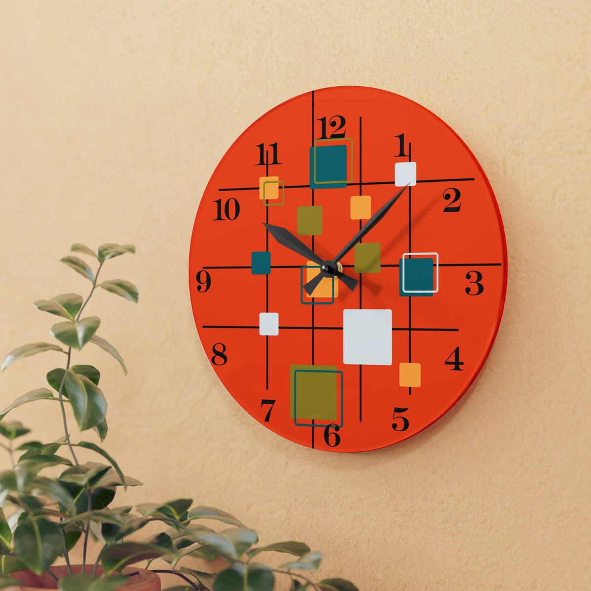 Mid Century Modern Wall Clock, Orange, Retro Geometric Acrylic Wall Clock Home Decor
