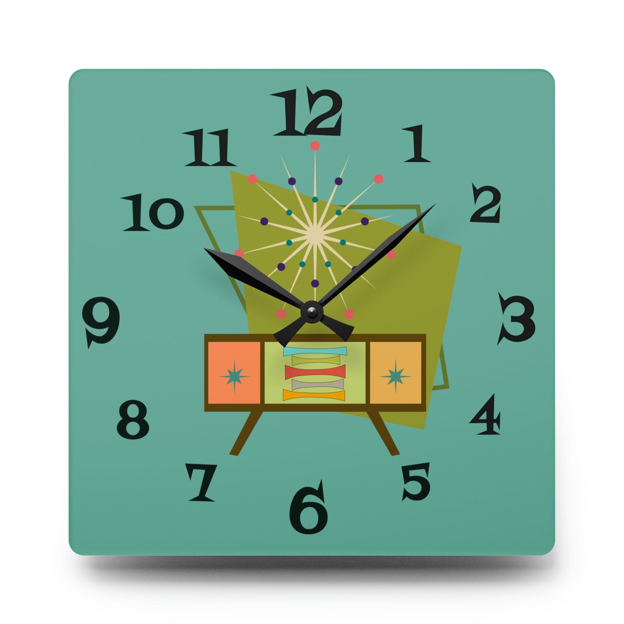 Mid Century Modern Wall Clock, Teal Blue Retro Style, Acrylic Wall Clock Home Decor