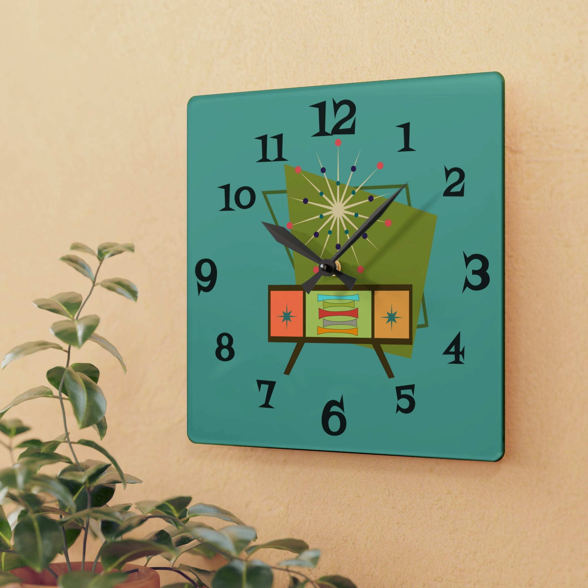 Mid Century Modern Wall Clock, Teal Blue Retro Style, Acrylic Wall Clock Home Decor