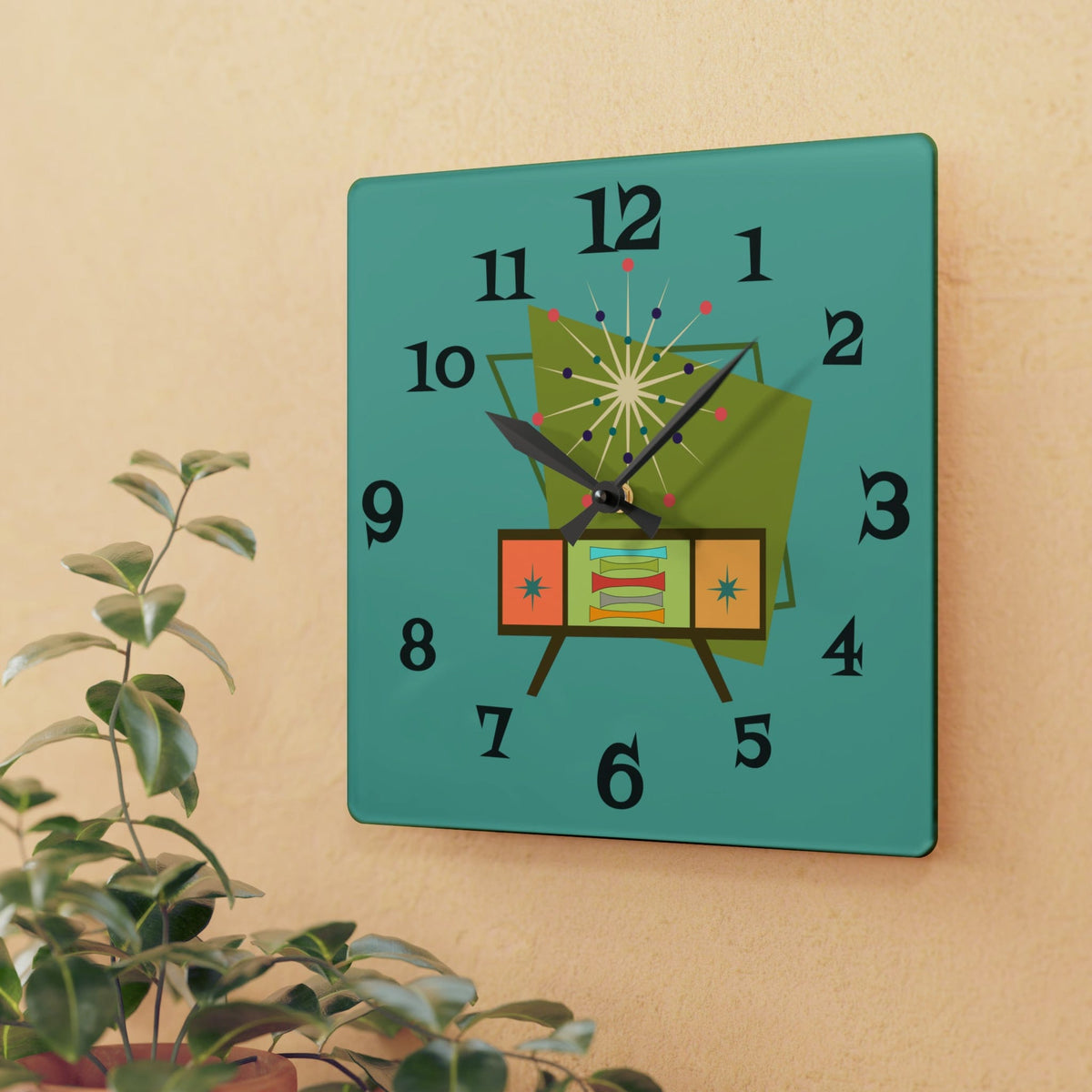 Mid Century Modern Wall Clock, Teal Blue Retro Style, Acrylic Wall Clock Home Decor