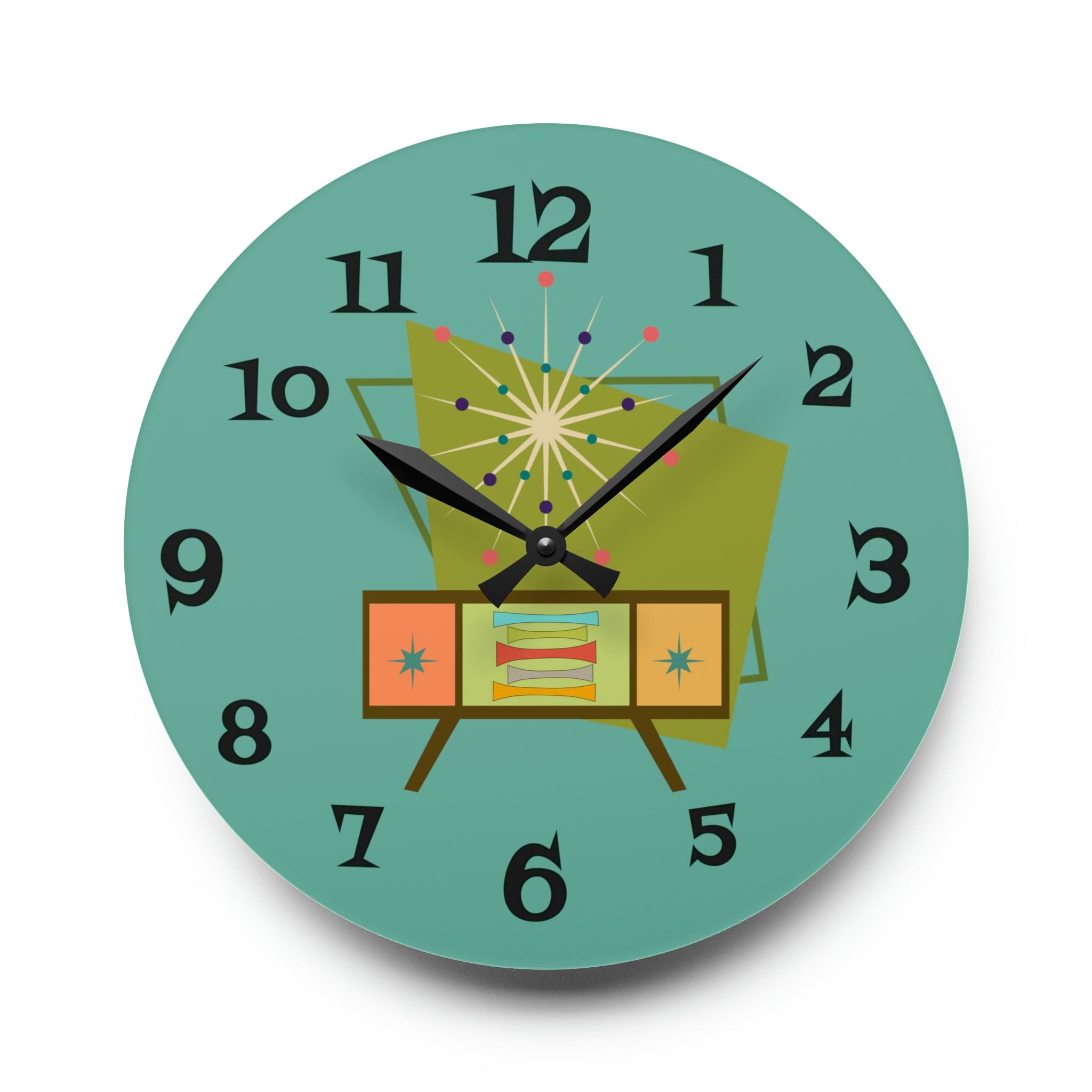 Mid Century Modern Wall Clock, Teal Blue Retro Style, Acrylic Wall Clock Home Decor