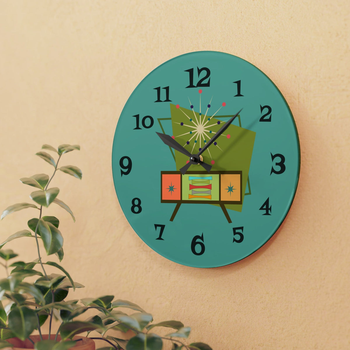 Mid Century Modern Wall Clock, Teal Blue Retro Style, Acrylic Wall Clock Home Decor