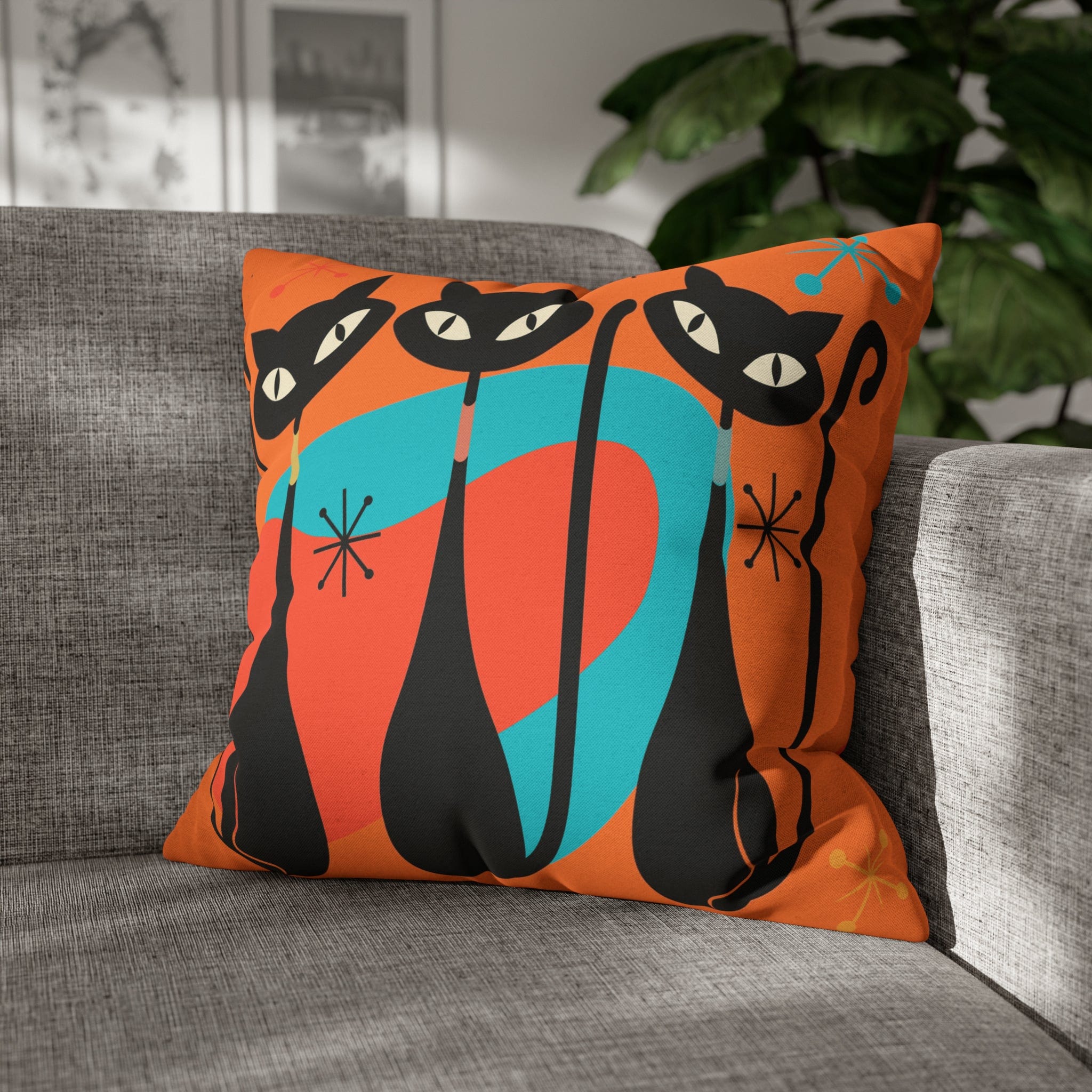 Mid Century Pillow Cover, Orange, Atomic Cats, Cat Mom, Cat Lover, Black Cat Pillow Pillow Cushion Mod Style By Mid Century Modern Gal Home Decor