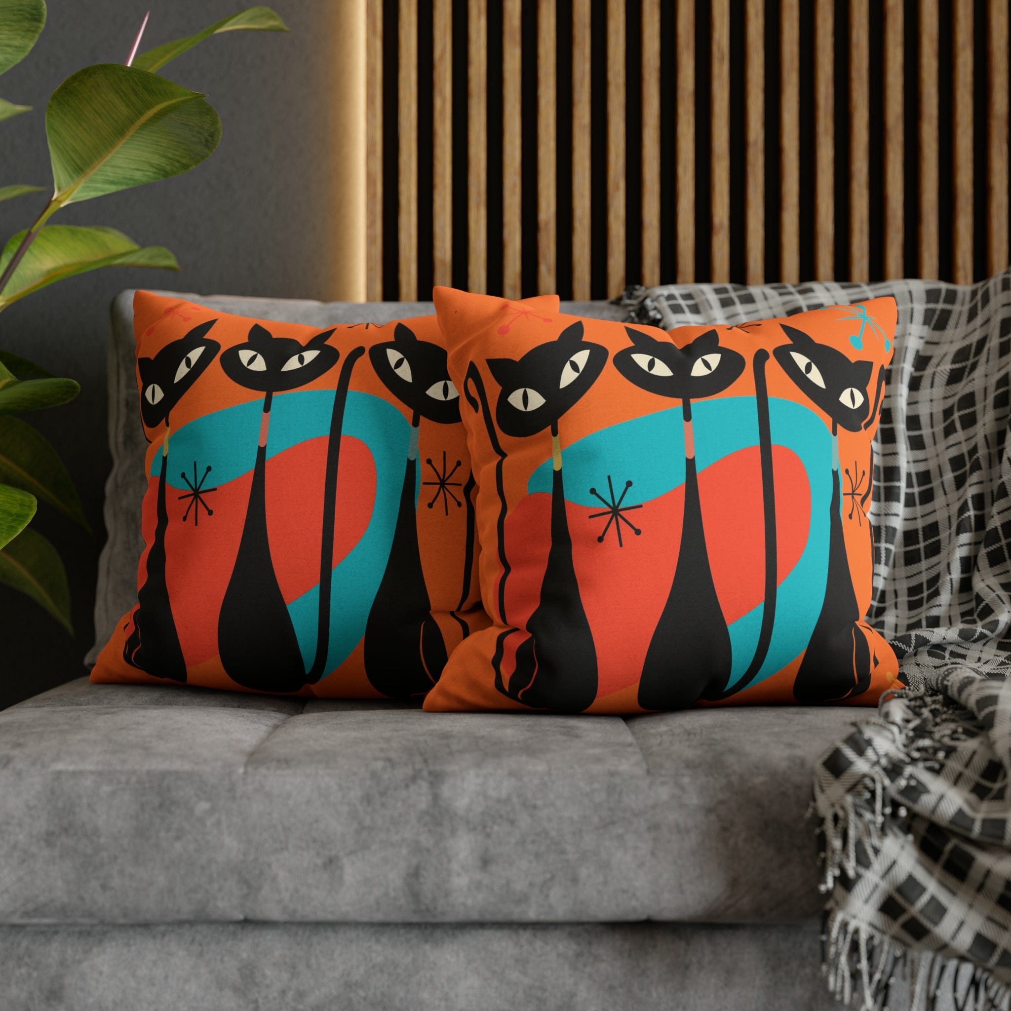 Mid Century Pillow Cover, Orange, Atomic Cats, Cat Mom, Cat Lover, Black Cat Pillow Pillow Cushion Mod Style By Mid Century Modern Gal Home Decor