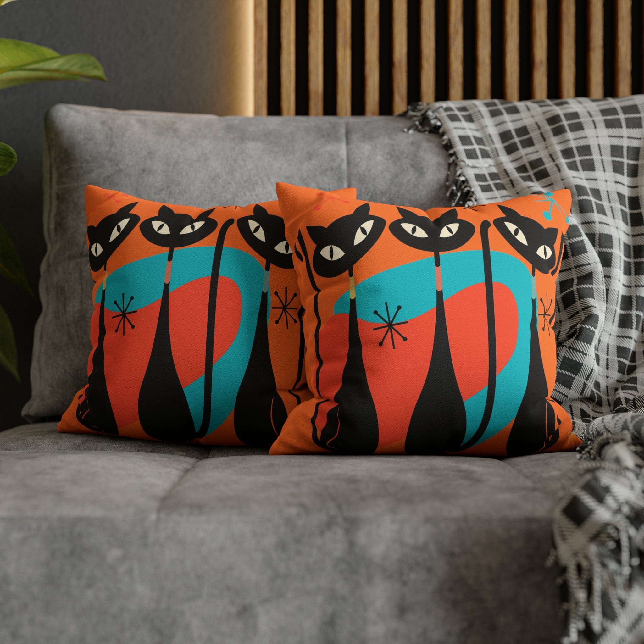Mid Century Pillow Cover, Orange, Atomic Cats, Cat Mom, Cat Lover, Black Cat Pillow Pillow Cushion Mod Style By Mid Century Modern Gal Home Decor