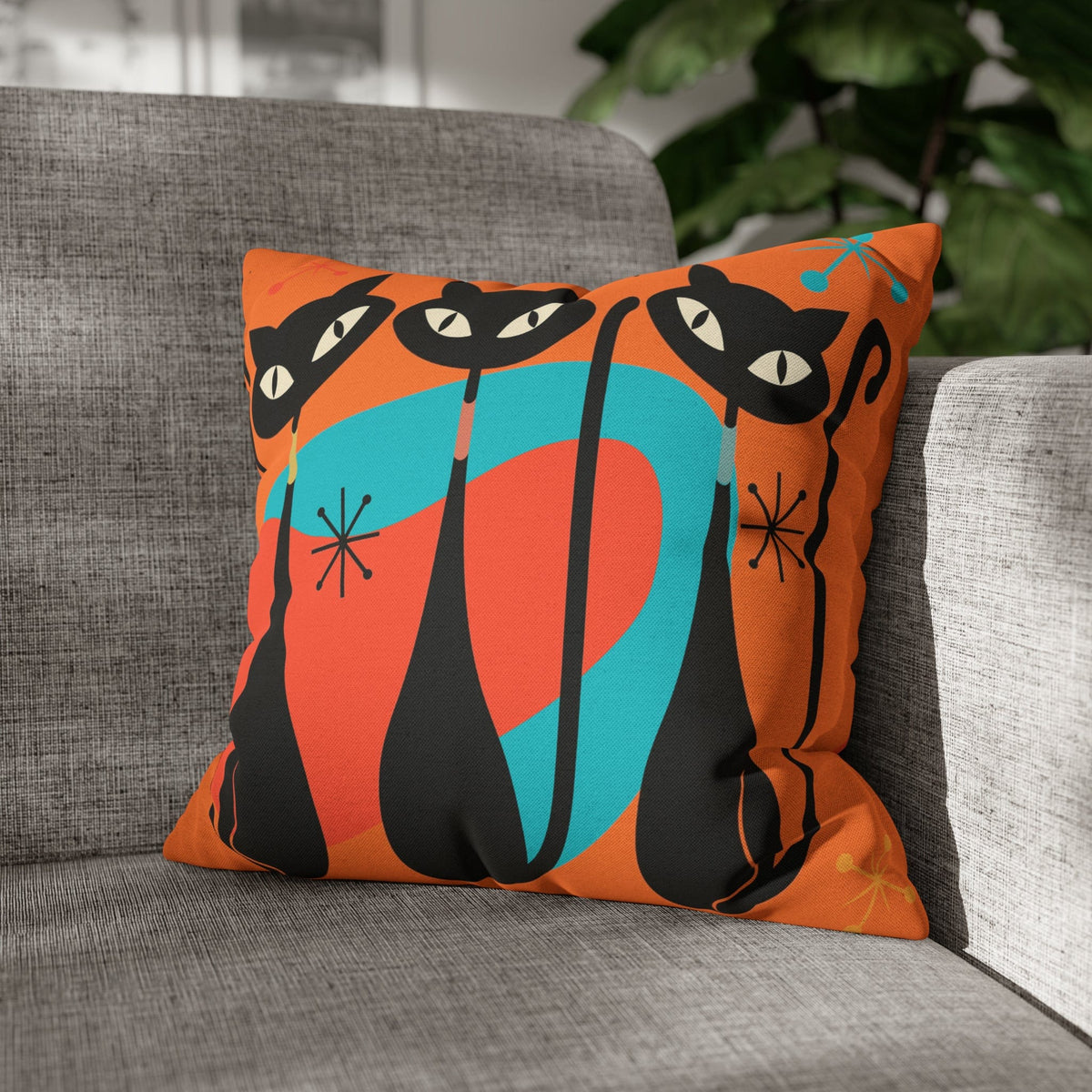 Mid Century Pillow Cover, Orange, Atomic Cats, Cat Mom, Cat Lover, Black Cat Pillow Pillow Cushion Mod Style By Mid Century Modern Gal Home Decor