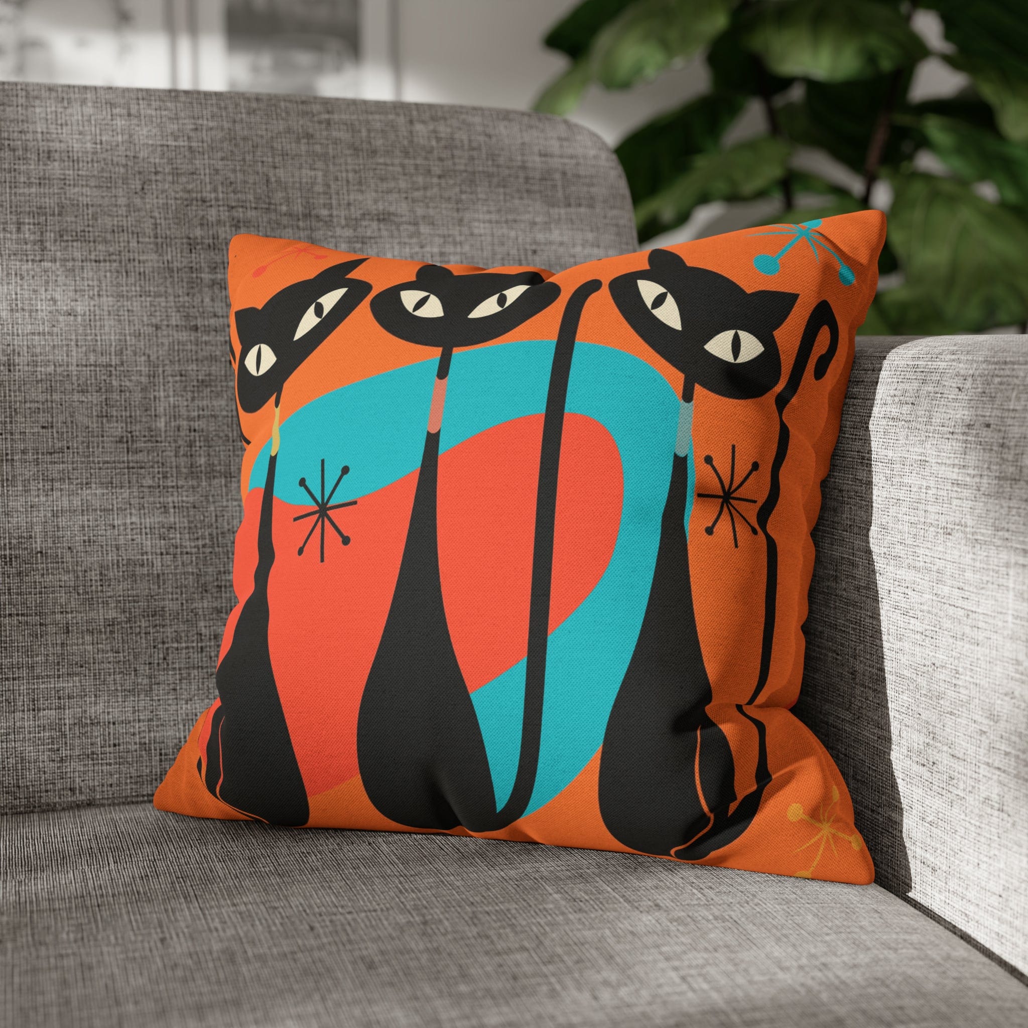 Mid Century Pillow Cover, Orange, Atomic Cats, Cat Mom, Cat Lover, Black Cat Pillow Pillow Cushion Mod Style By Mid Century Modern Gal Home Decor