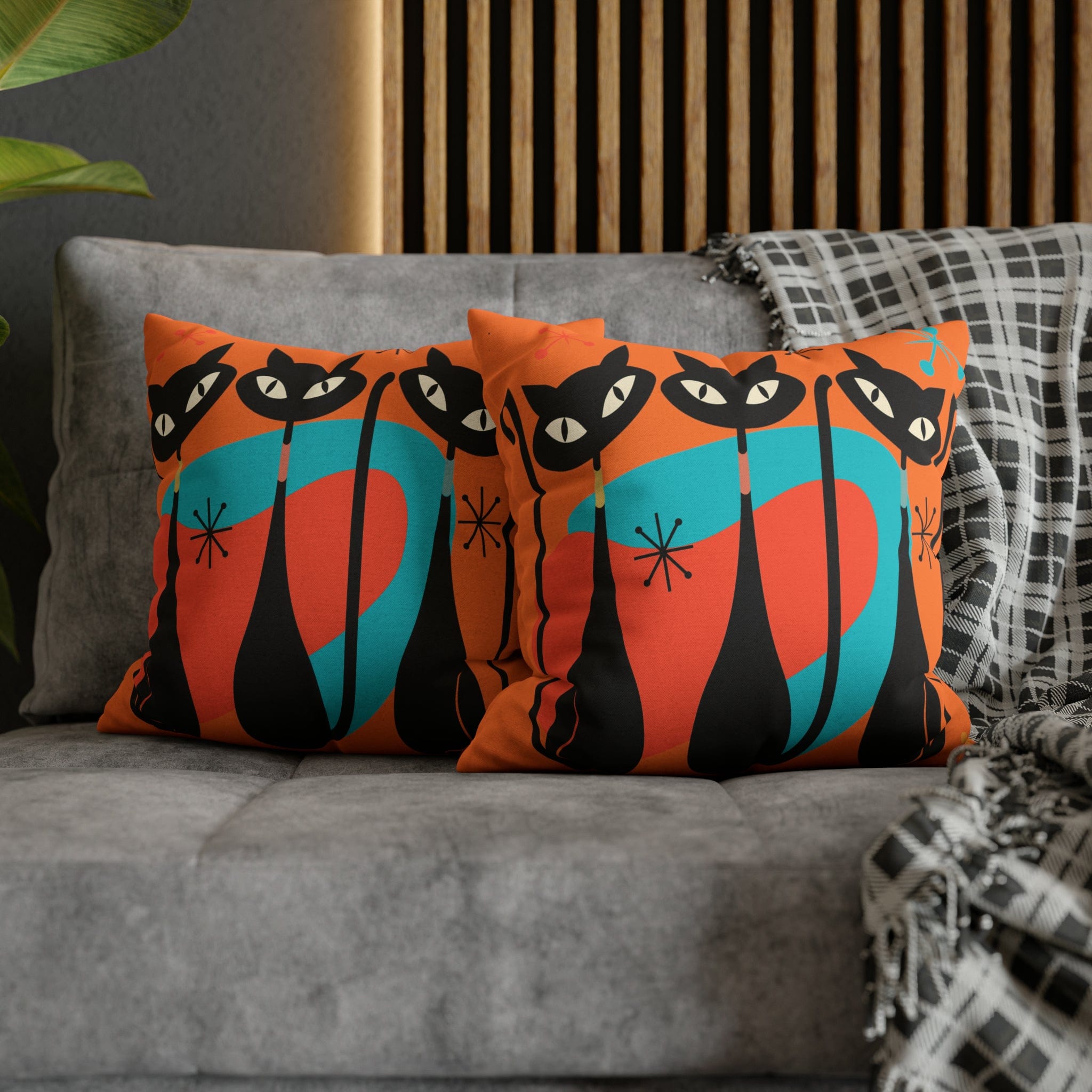 Mid Century Pillow Cover, Orange, Atomic Cats, Cat Mom, Cat Lover, Black Cat Pillow Pillow Cushion Mod Style By Mid Century Modern Gal Home Decor