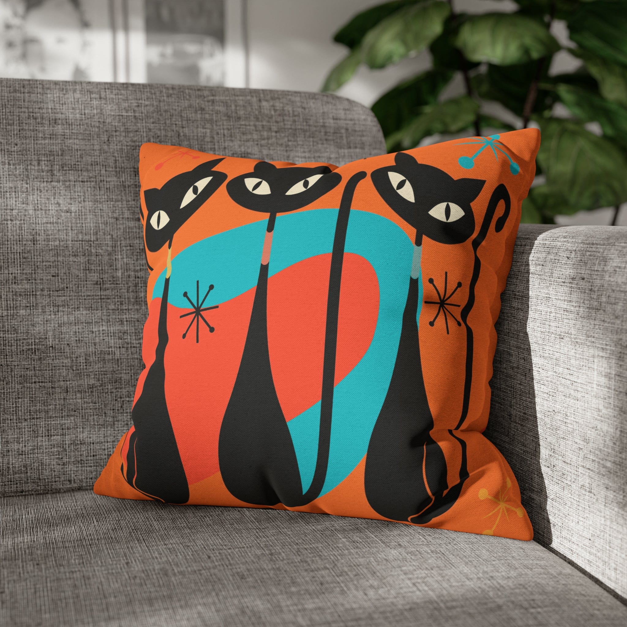 Mid Century Pillow Cover, Orange, Atomic Cats, Cat Mom, Cat Lover, Black Cat Pillow Pillow Cushion Mod Style By Mid Century Modern Gal Home Decor