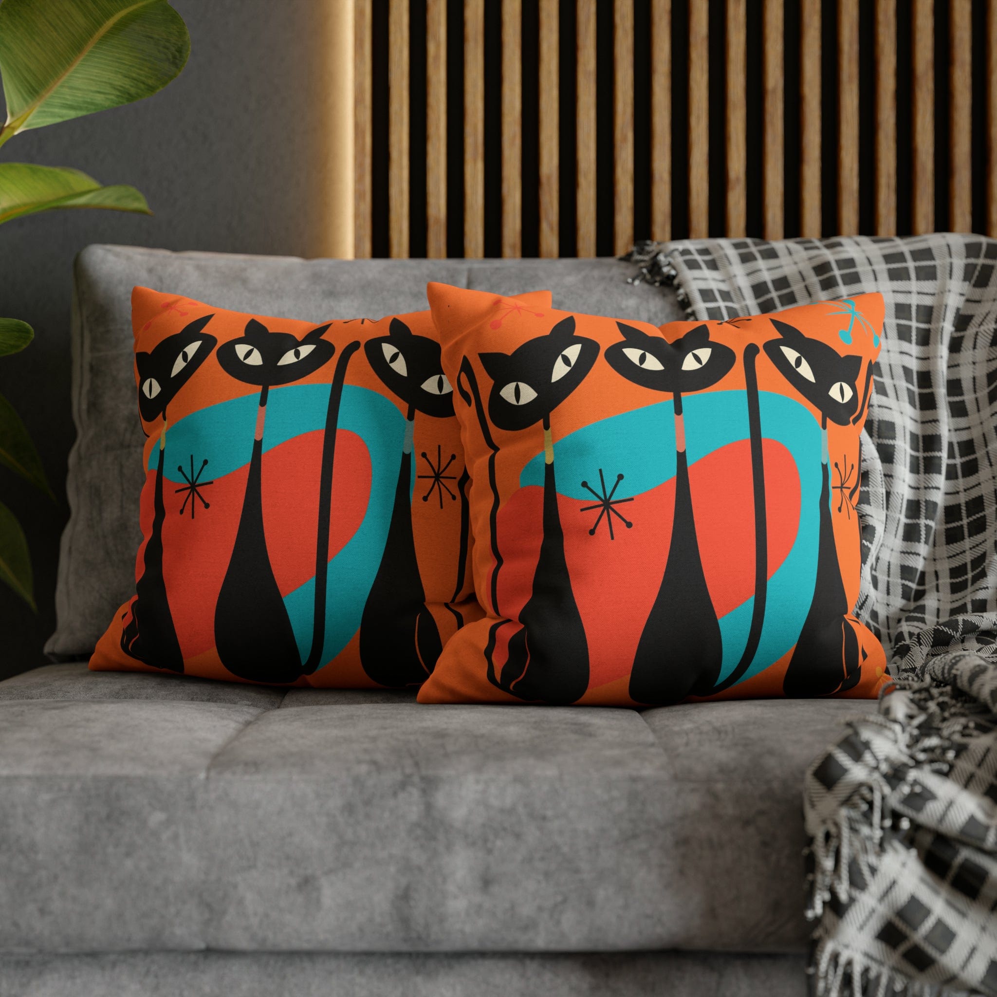 Mid Century Pillow Cover, Orange, Atomic Cats, Cat Mom, Cat Lover, Black Cat Pillow Pillow Cushion Mod Style By Mid Century Modern Gal Home Decor