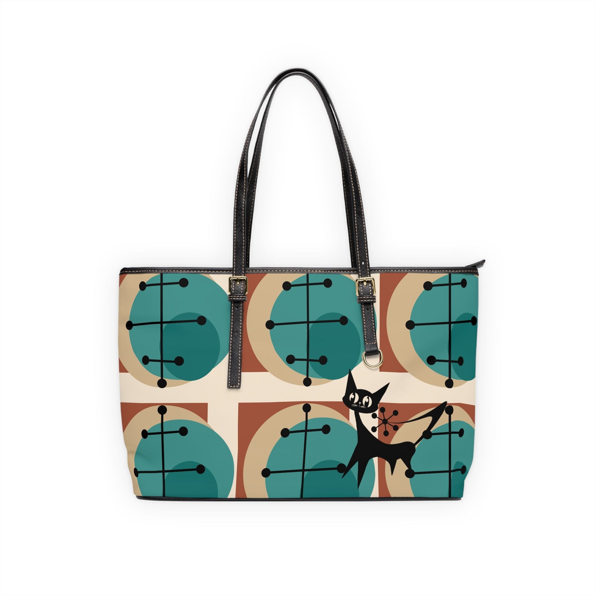 Mid Mod Atomic Kitschy Cat, Geometric Brown, Teal, MCM Shoulder Bag Bags