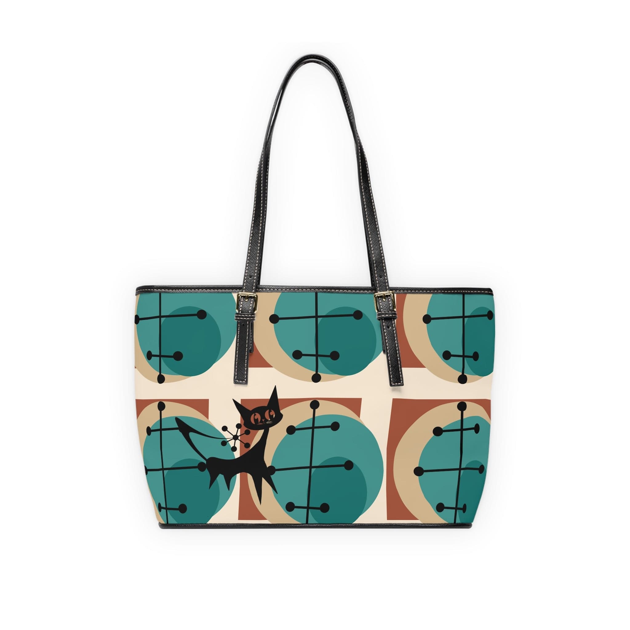Mid Mod Atomic Kitschy Cat, Geometric Brown, Teal, MCM Shoulder Bag Bags