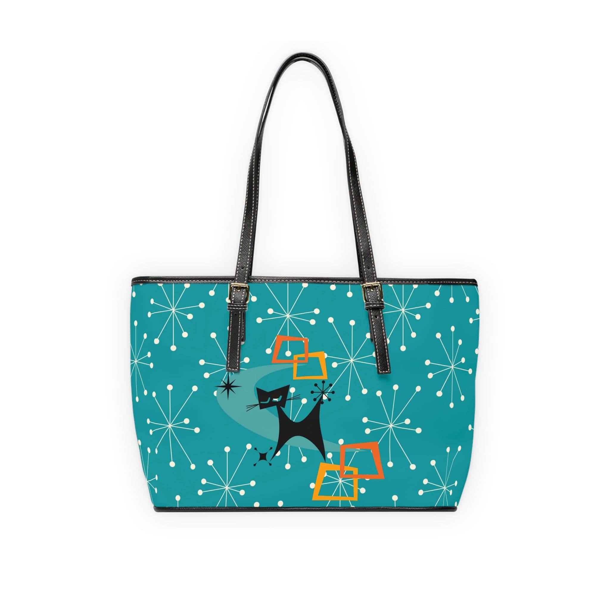Mid Mod Atomic Starburst, Dark Aqua Blue, Kitschy Cat Retro Shoulder Bag Bags