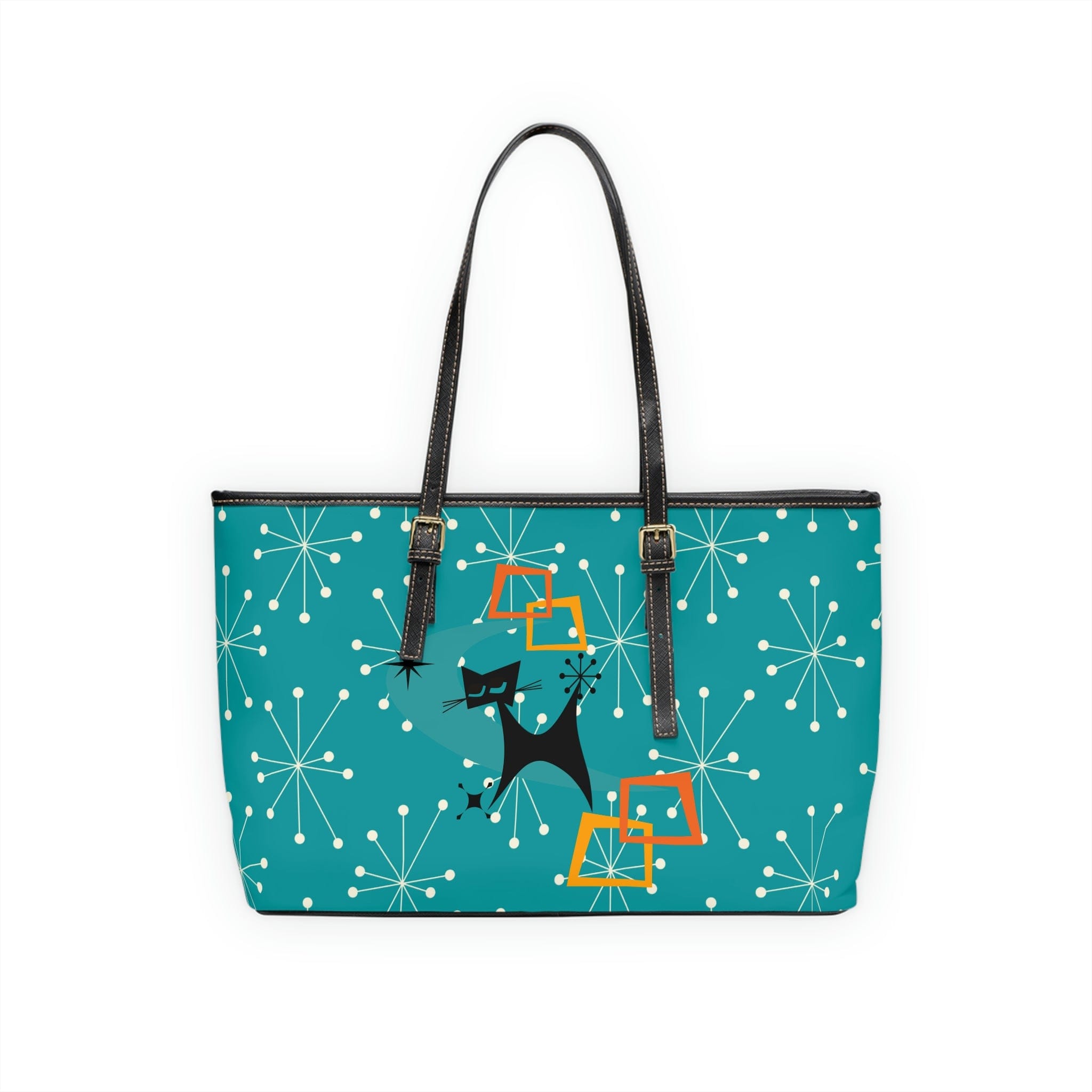 Mid Mod Atomic Starburst, Dark Aqua Blue, Kitschy Cat Retro Shoulder Bag Bags