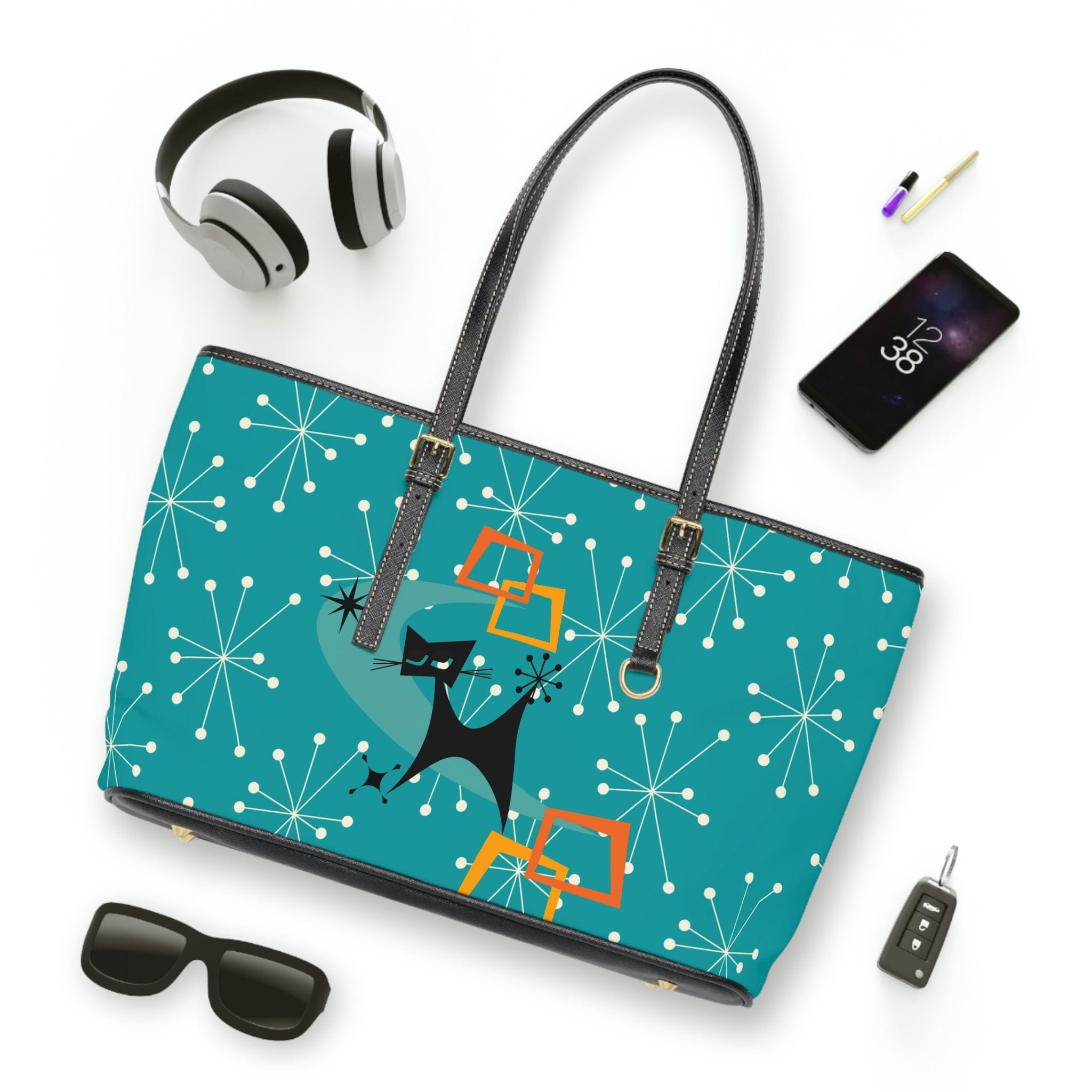 Mid Mod Atomic Starburst, Dark Aqua Blue, Kitschy Cat Retro Shoulder Bag Bags
