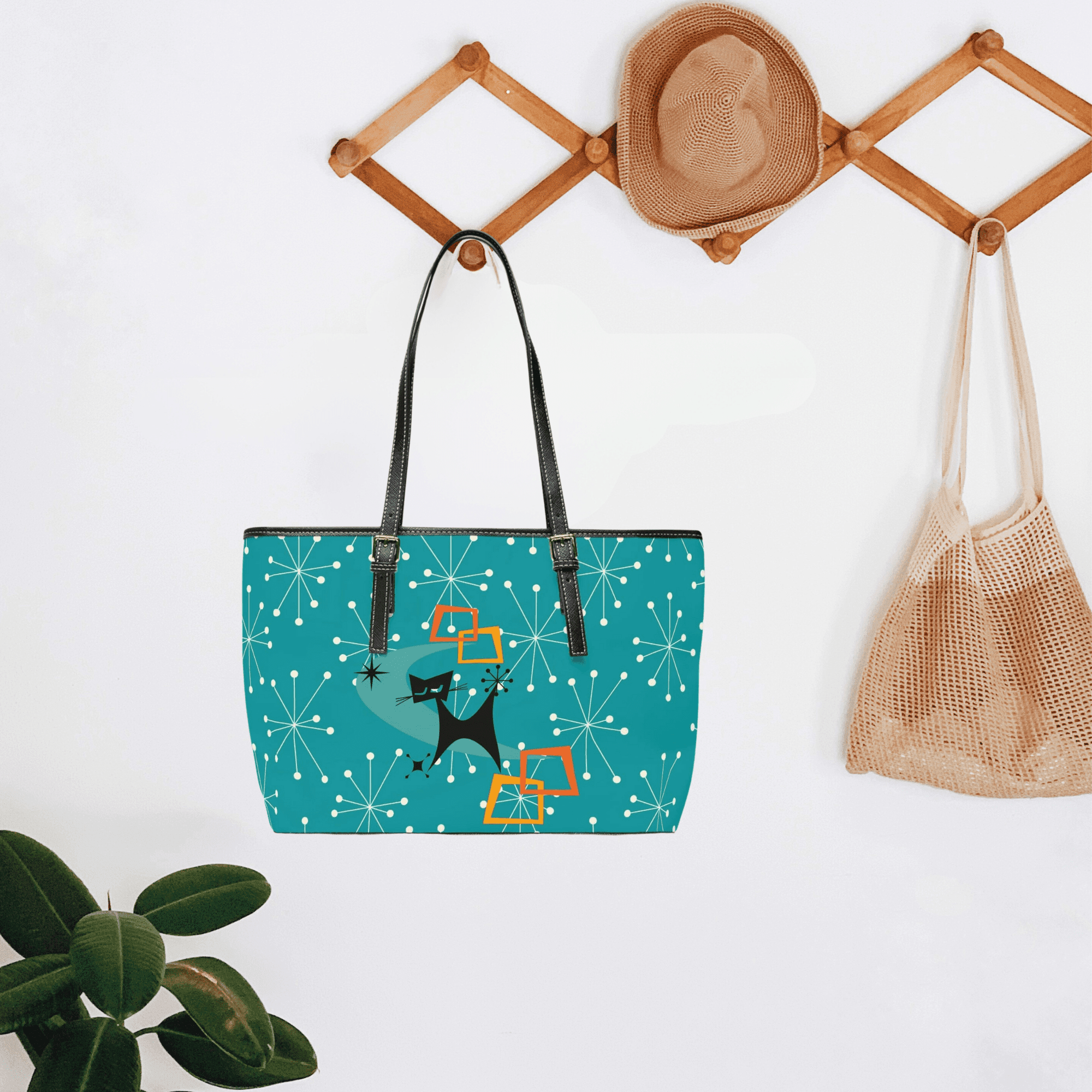 Mid Mod Atomic Starburst, Dark Aqua Blue, Kitschy Cat Retro Shoulder Bag Bags
