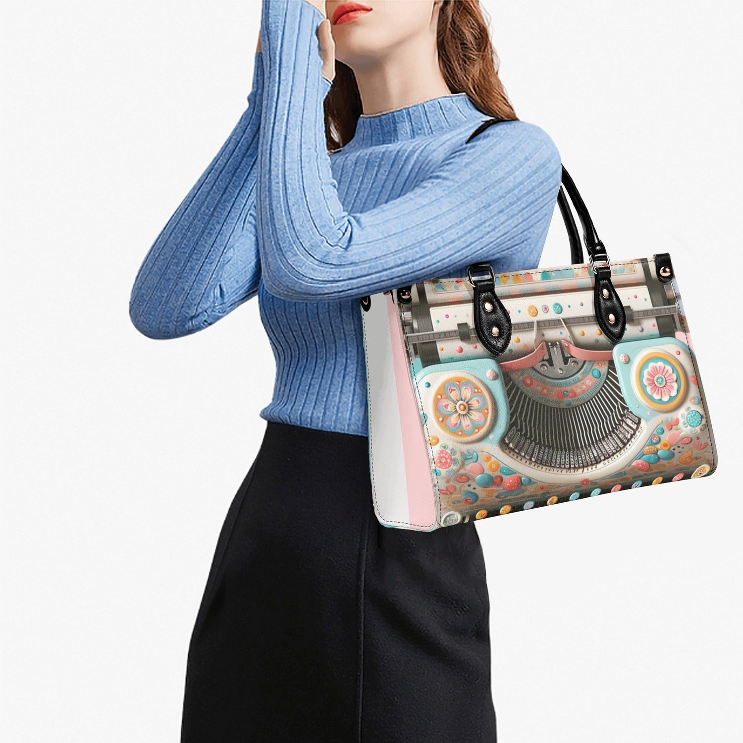 Mid Mod Kitschy Style Retro Typewriter Hand Bag-Shoulder Bag Combo in Pink, Aqua And Blue