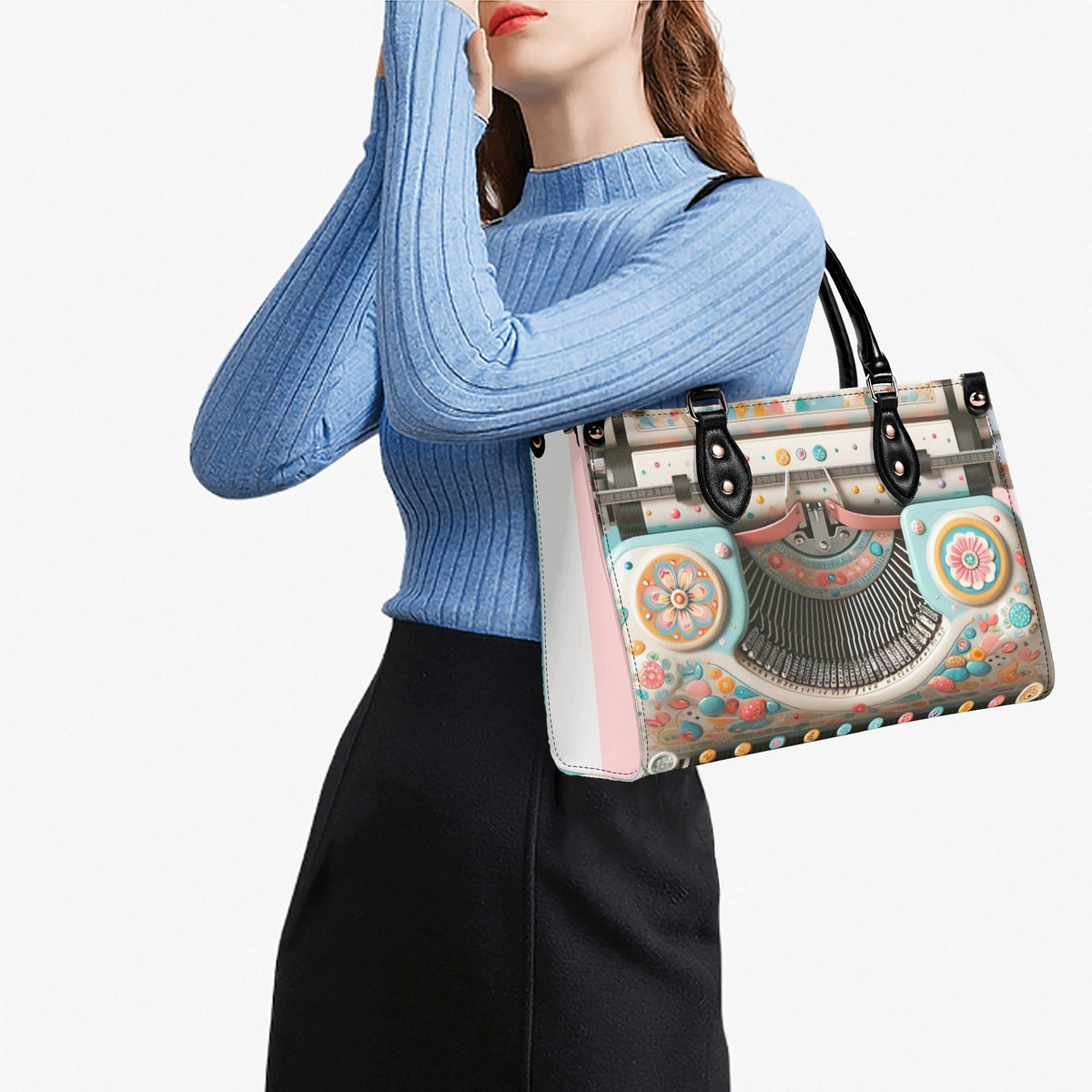 Mid Mod Kitschy Style Retro Typewriter Hand Bag-Shoulder Bag Combo in Pink, Aqua And Blue