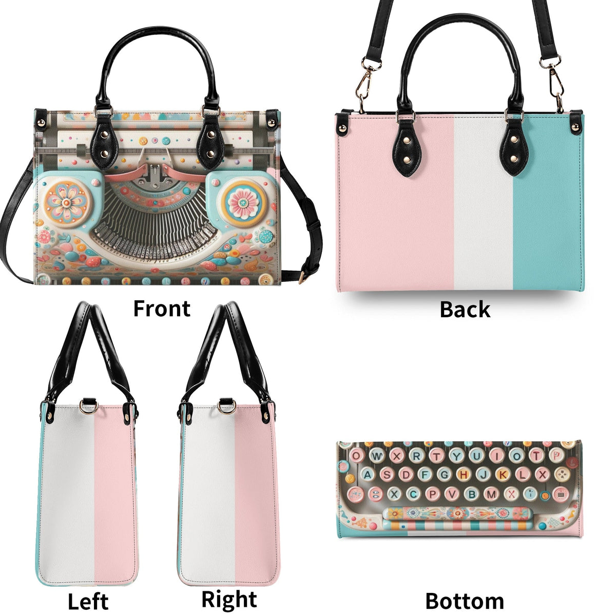 Mid Mod Kitschy Style Retro Typewriter Hand Bag-Shoulder Bag Combo in Pink, Aqua And Blue