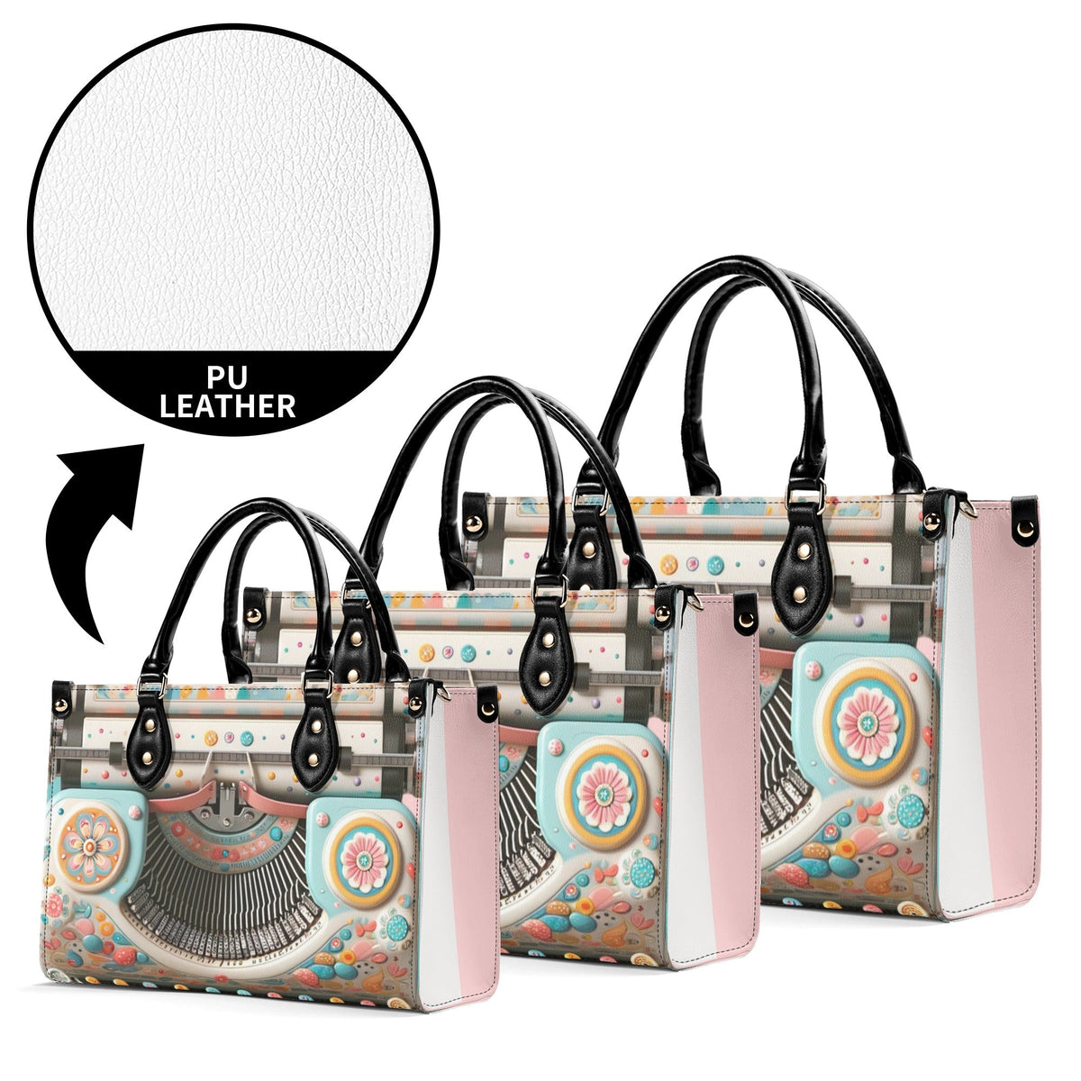 Mid Mod Kitschy Style Retro Typewriter Hand Bag-Shoulder Bag Combo in Pink, Aqua And Blue