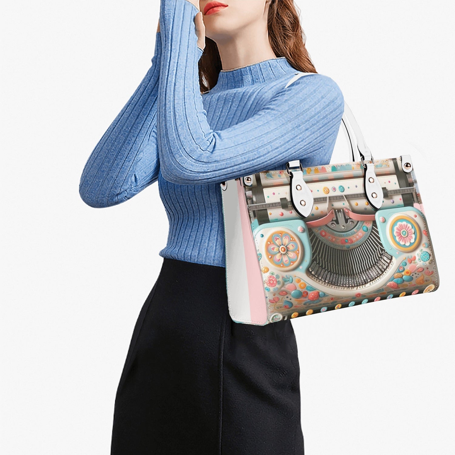 Mid Mod Kitschy Style Retro Typewriter Hand Bag-Shoulder Bag Combo in Pink, Aqua And Blue