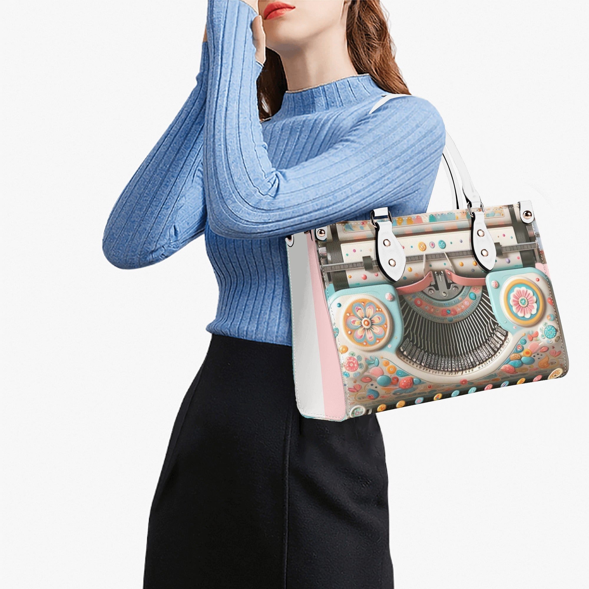 Mid Mod Kitschy Style Retro Typewriter Hand Bag-Shoulder Bag Combo in Pink, Aqua And Blue