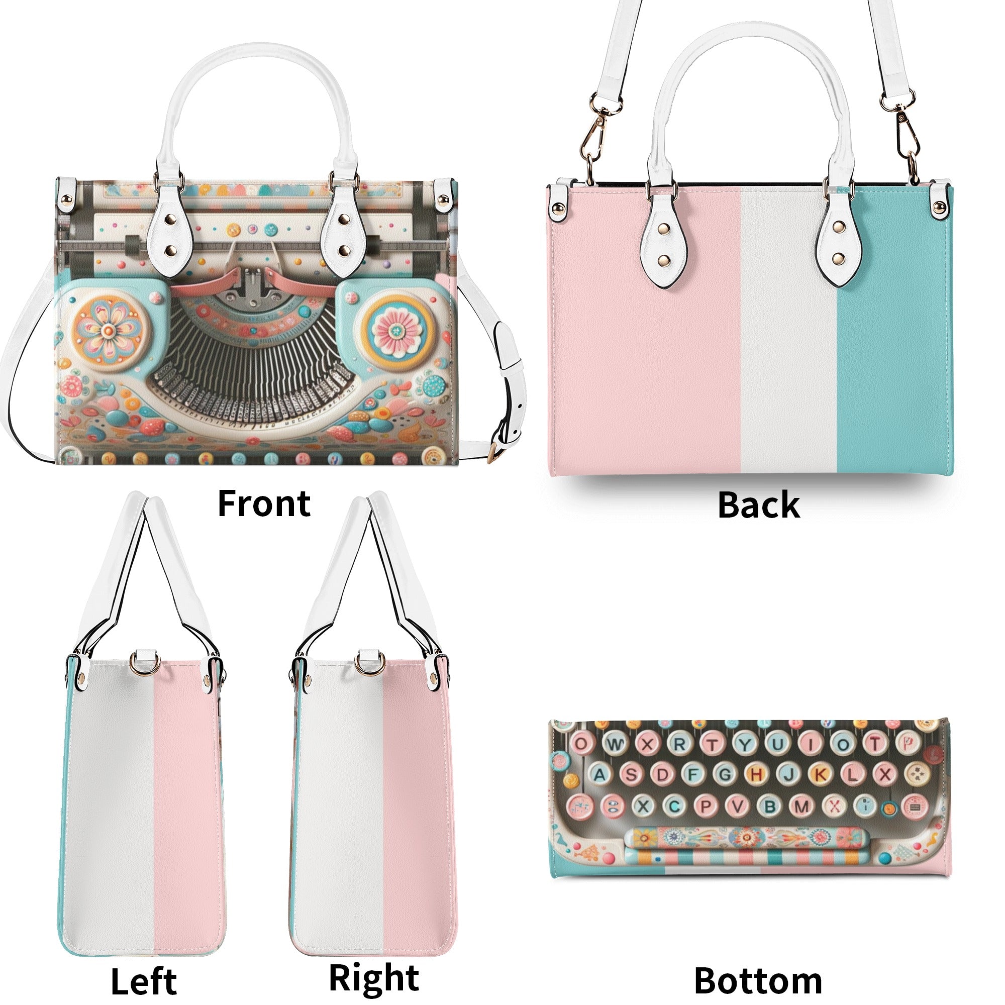Mid Mod Kitschy Style Retro Typewriter Hand Bag-Shoulder Bag Combo in Pink, Aqua And Blue