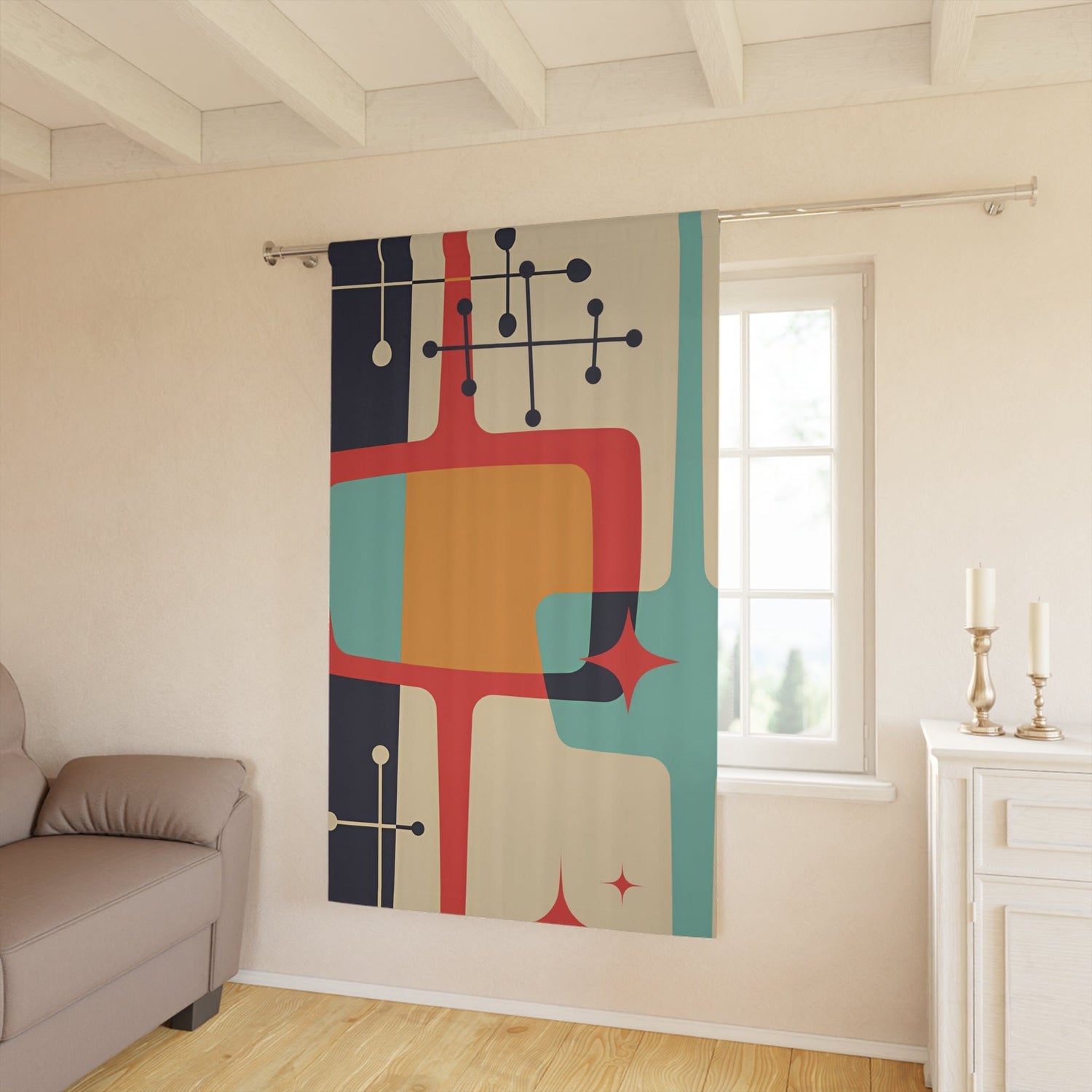 Mid Mod MCM, Atomic, Black, Beige, Teal, Geometric, Abstract Mid Century Modern Curtains