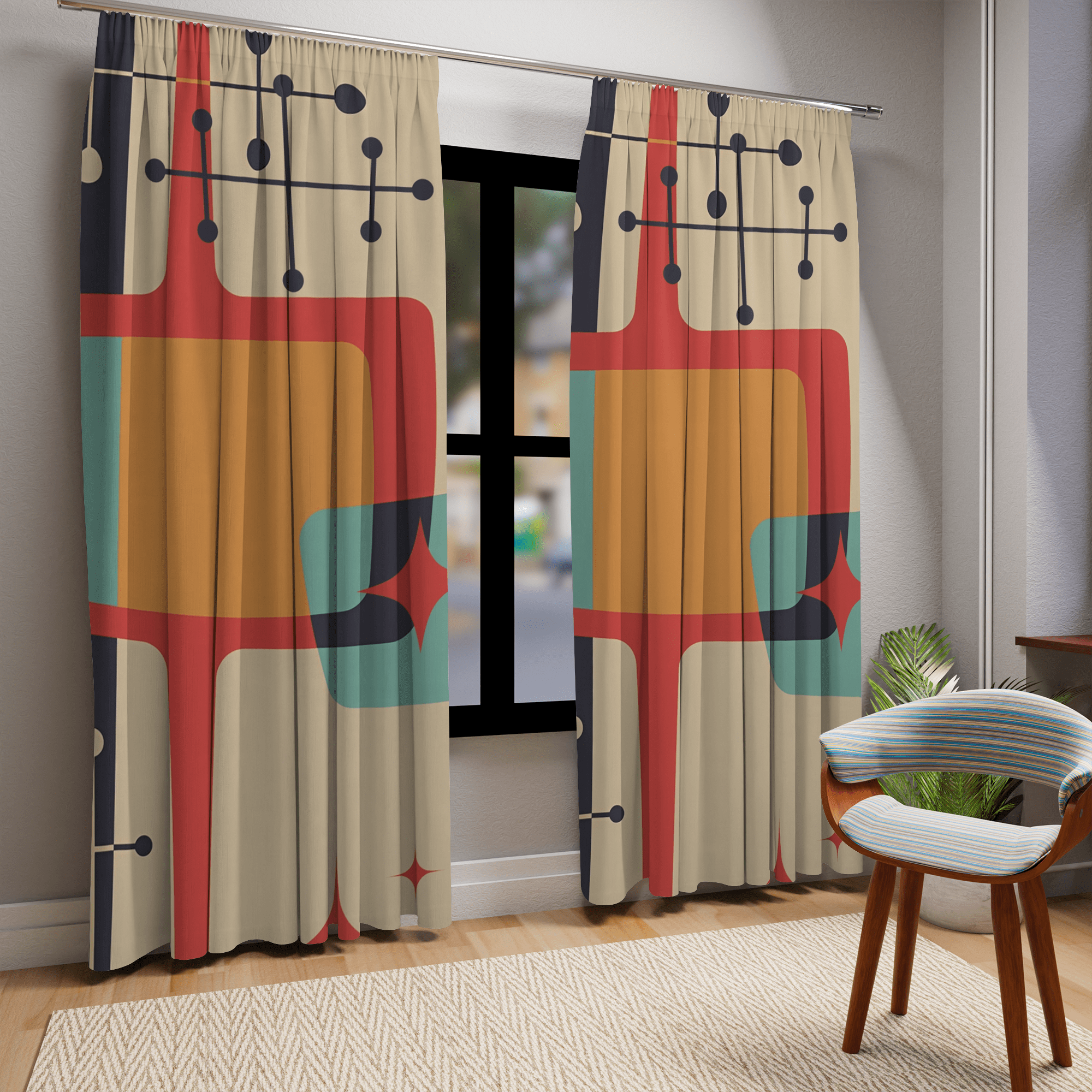 Mid Mod MCM, Atomic, Black, Beige, Teal, Geometric, Abstract Mid Century Modern Curtains
