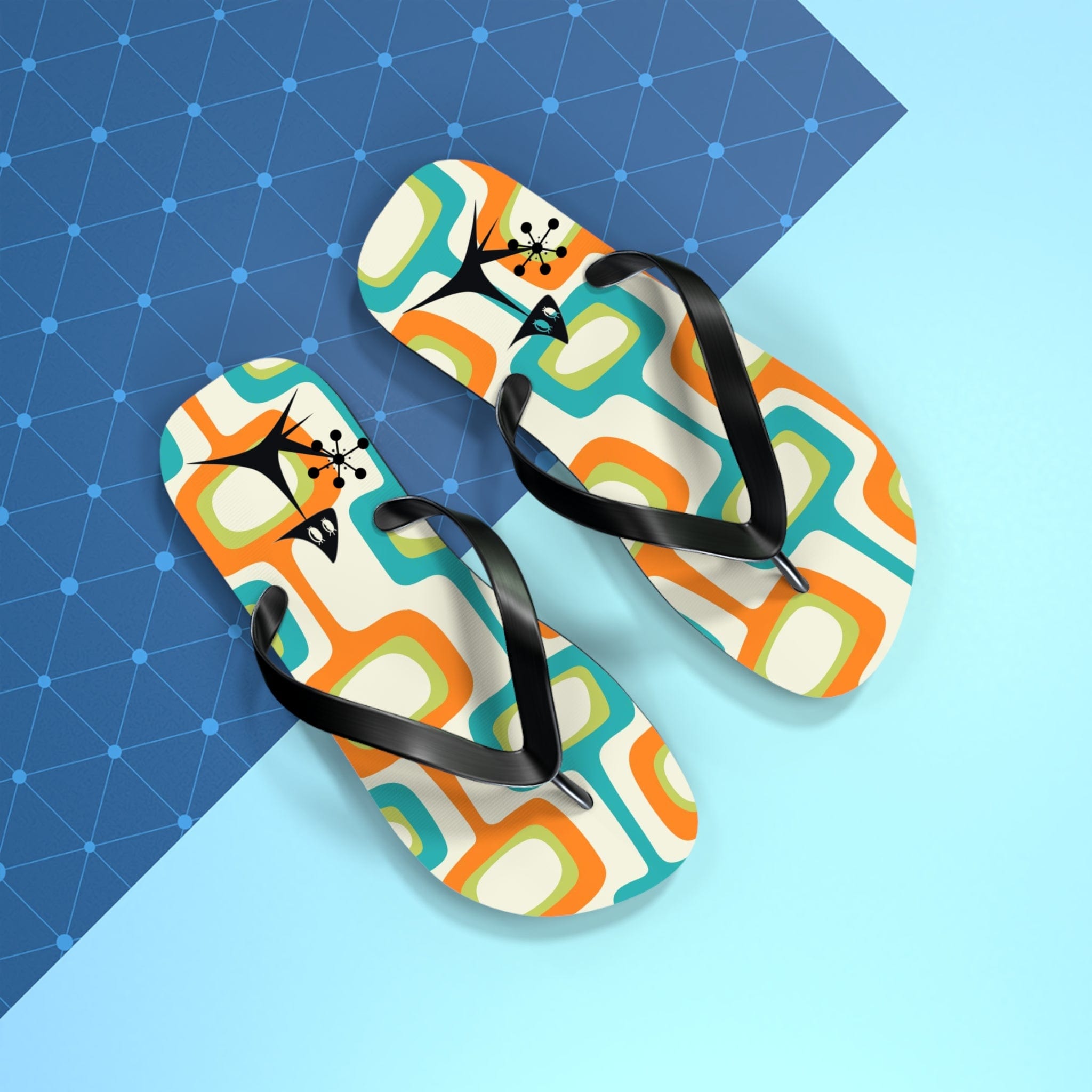 Mid Mod, Summer Retro Geometric, Atomic Kittie, Fun Funky Flip Flops Shoes