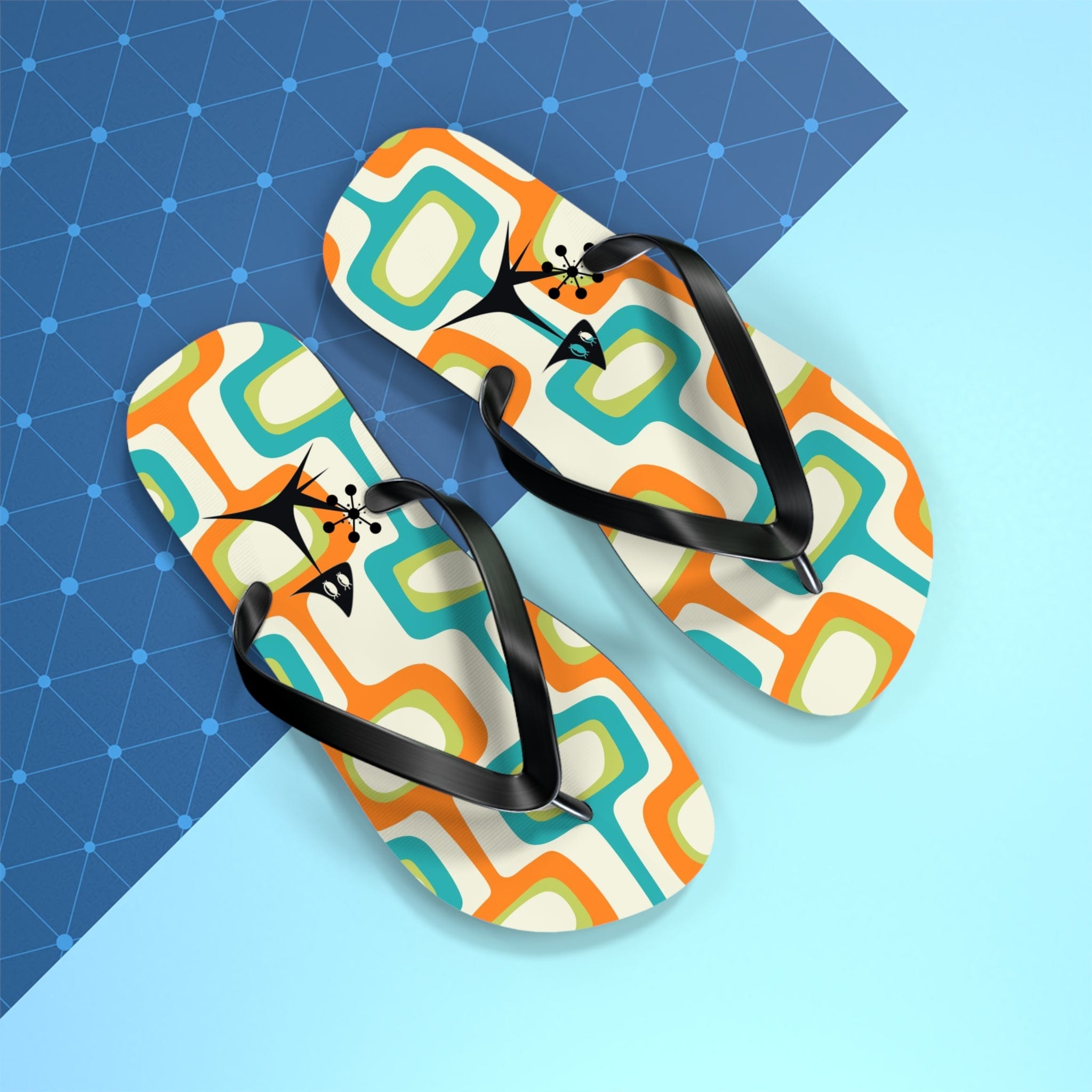 Mid Mod, Summer Retro Geometric, Atomic Kittie, Fun Funky Flip Flops Shoes