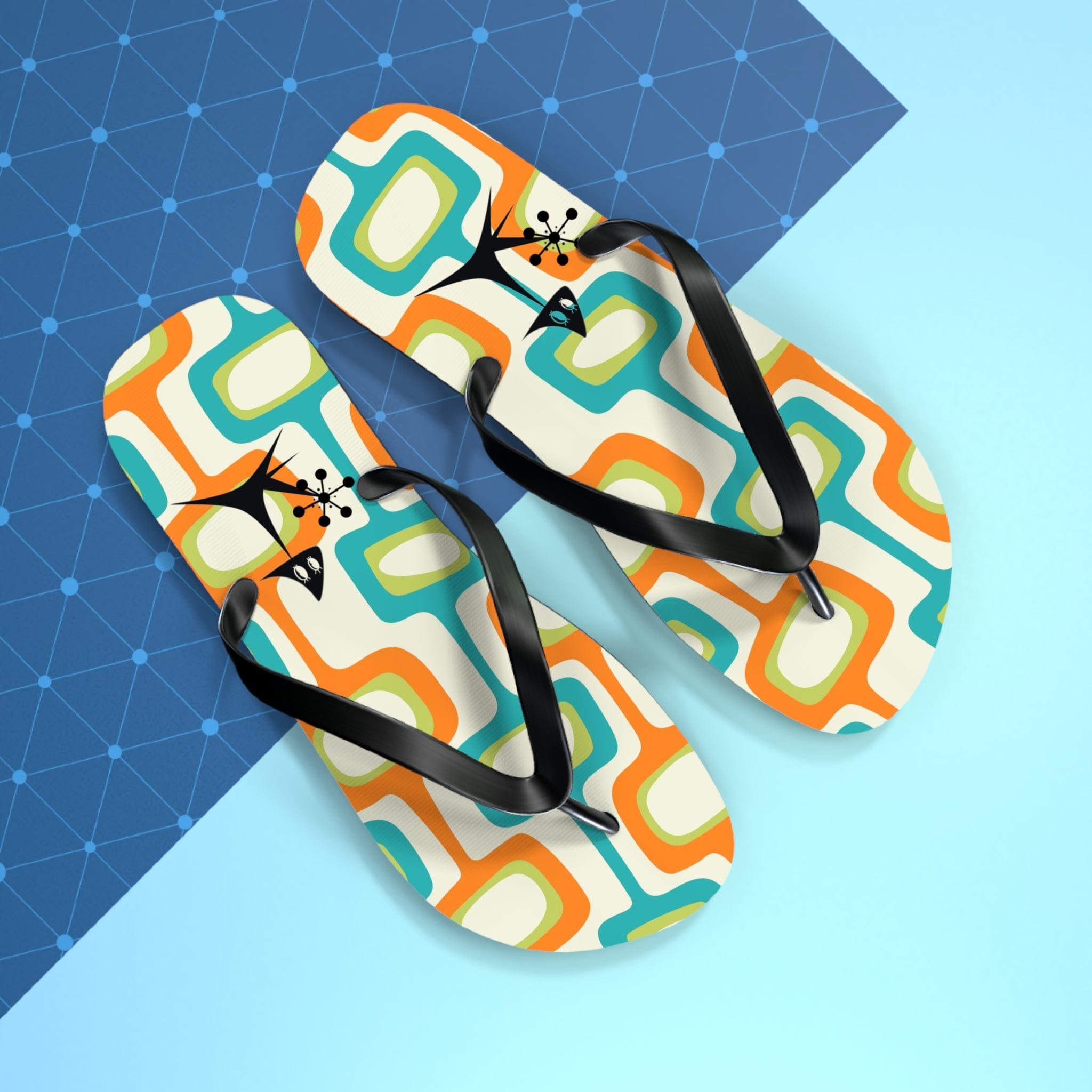 Mid Mod, Summer Retro Geometric, Atomic Kittie, Fun Funky Flip Flops Shoes