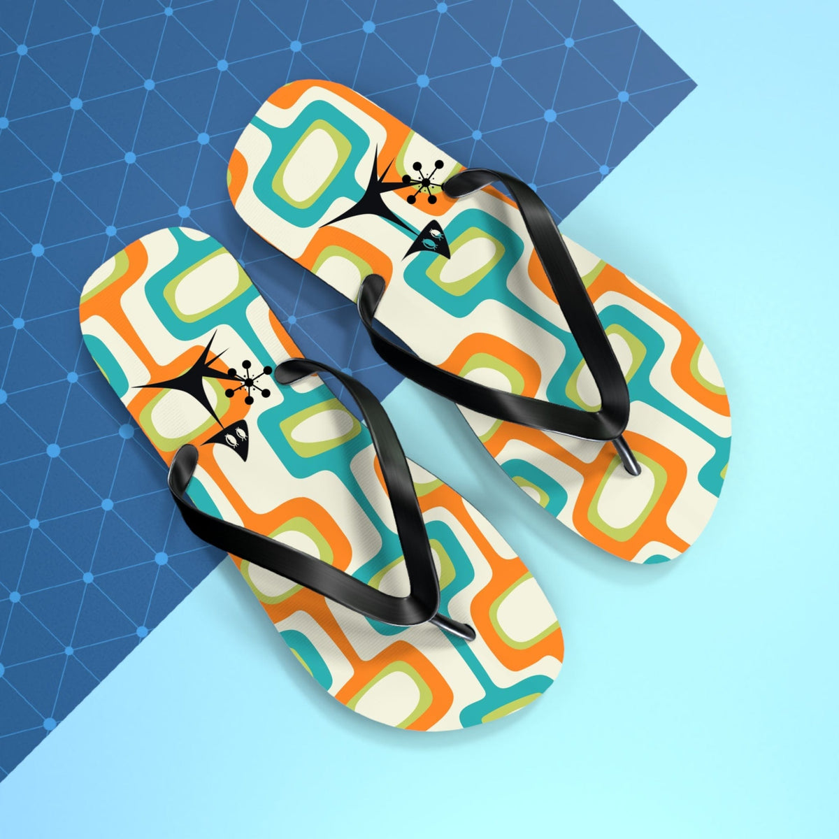 Mid Mod, Summer Retro Geometric, Atomic Kittie, Fun Funky Flip Flops Shoes